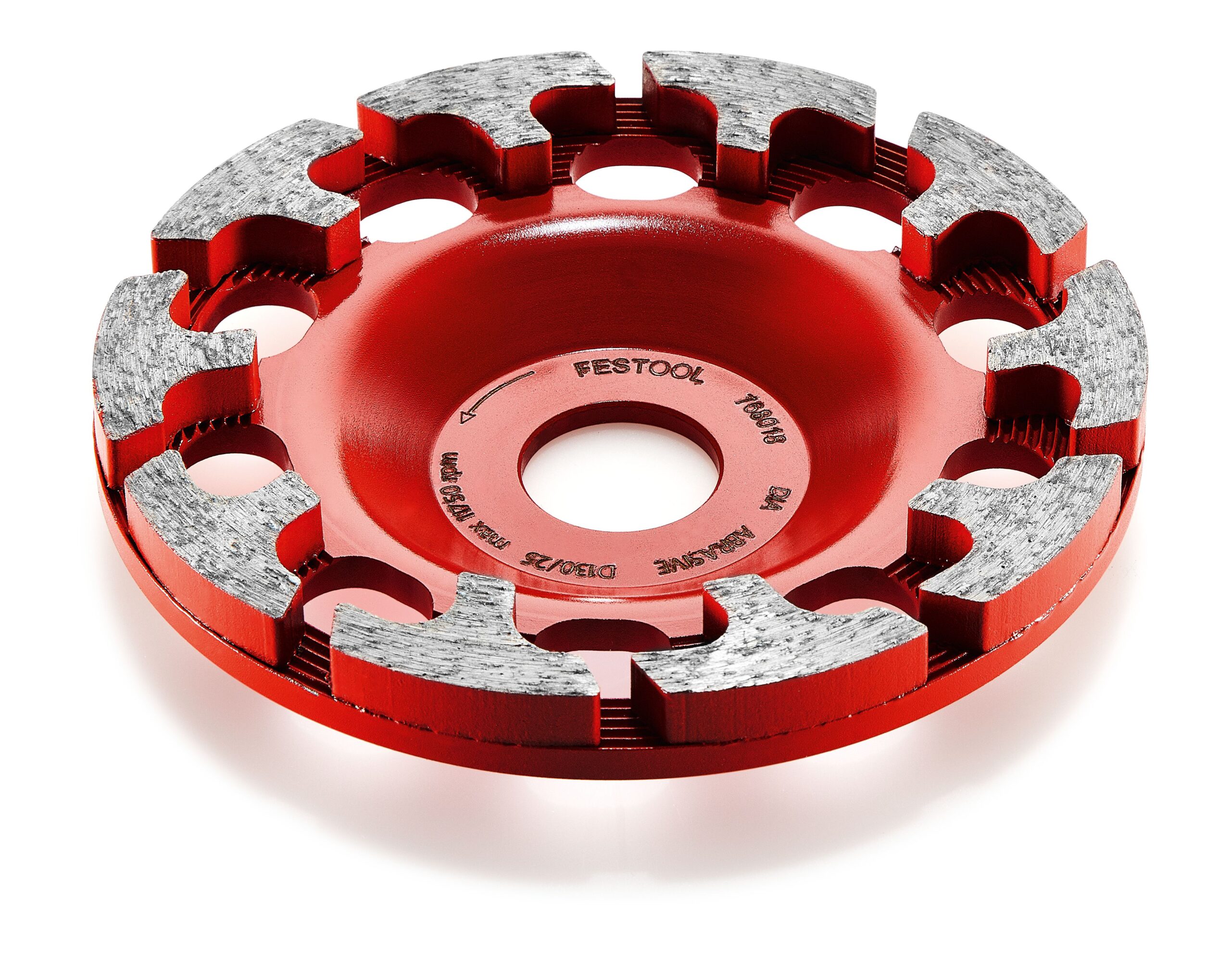 The Festool 768018 Diamond wheel DIA ABRASIVE-D130 PREM is red, circular, with a segmented rim and metallic diamond edge segments.