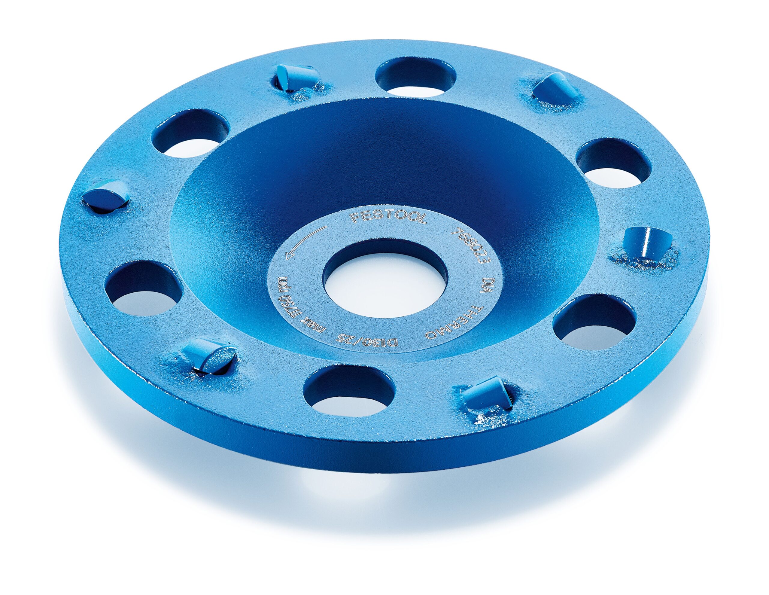 The Festool 768023 DIA THERMO-D130 Diamond Disc is blue, circular, recessed center, eight outer holes, six rim bumps, on white.