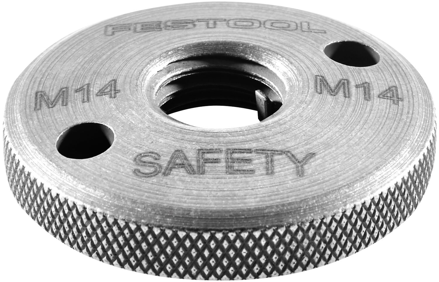A round, metallic Festool safety nut with knurled edges, two holes, and a central threaded opening.