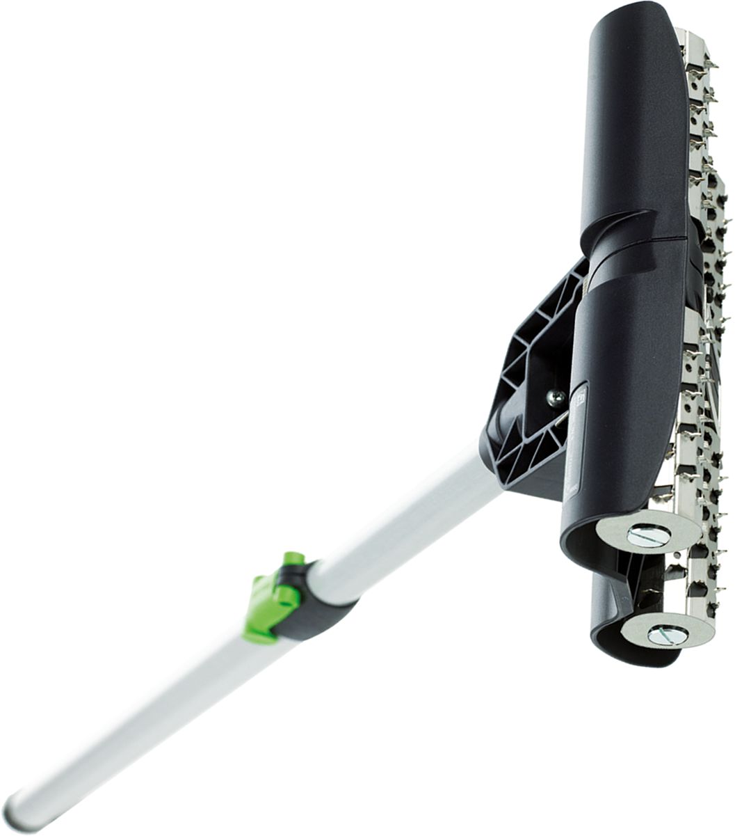 A close-up of the Festool 495747 Wallpaper perfo TP 220 shows its black head, silver handle, rollers, and green latch for perforation.