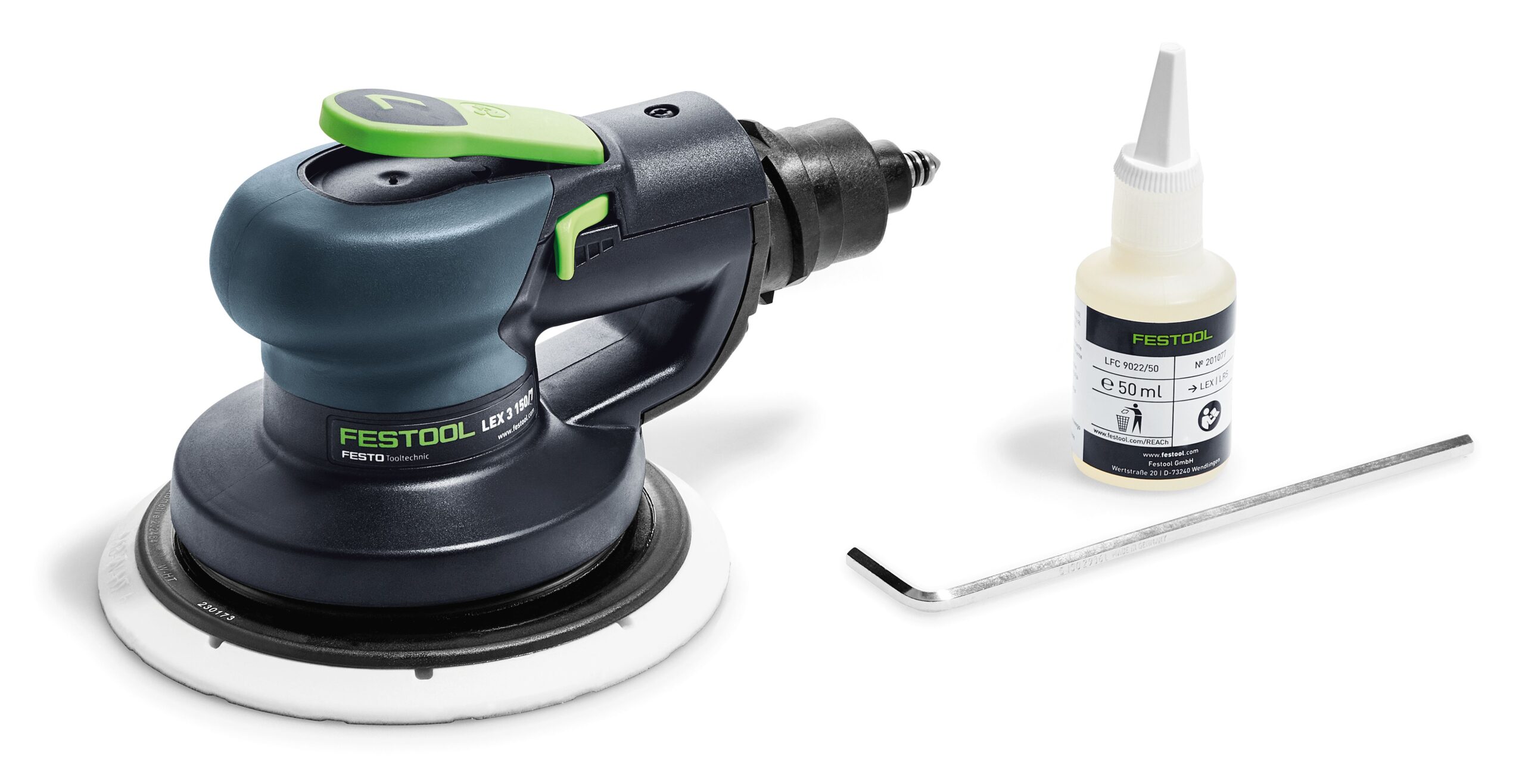 A Festool 575077LEX 3 150/7 Compressed Air Eccentric Sander with a small bottle of lubricant and hex key on a white background.