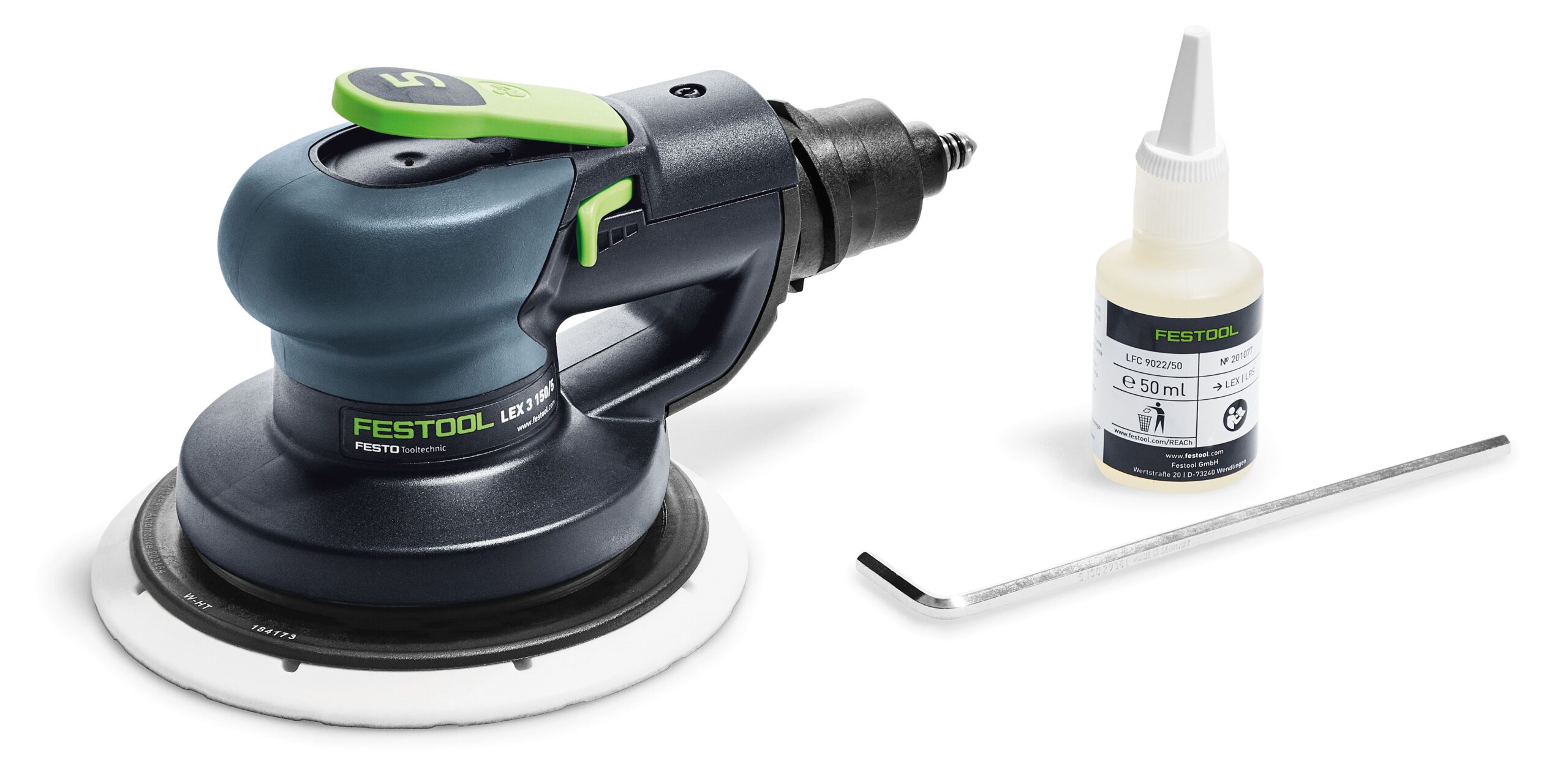 A Festool 575081 Ecc. sander LEX 3 150/5, white pad, small lubricant bottle, and L-shaped hex key on a white background.
