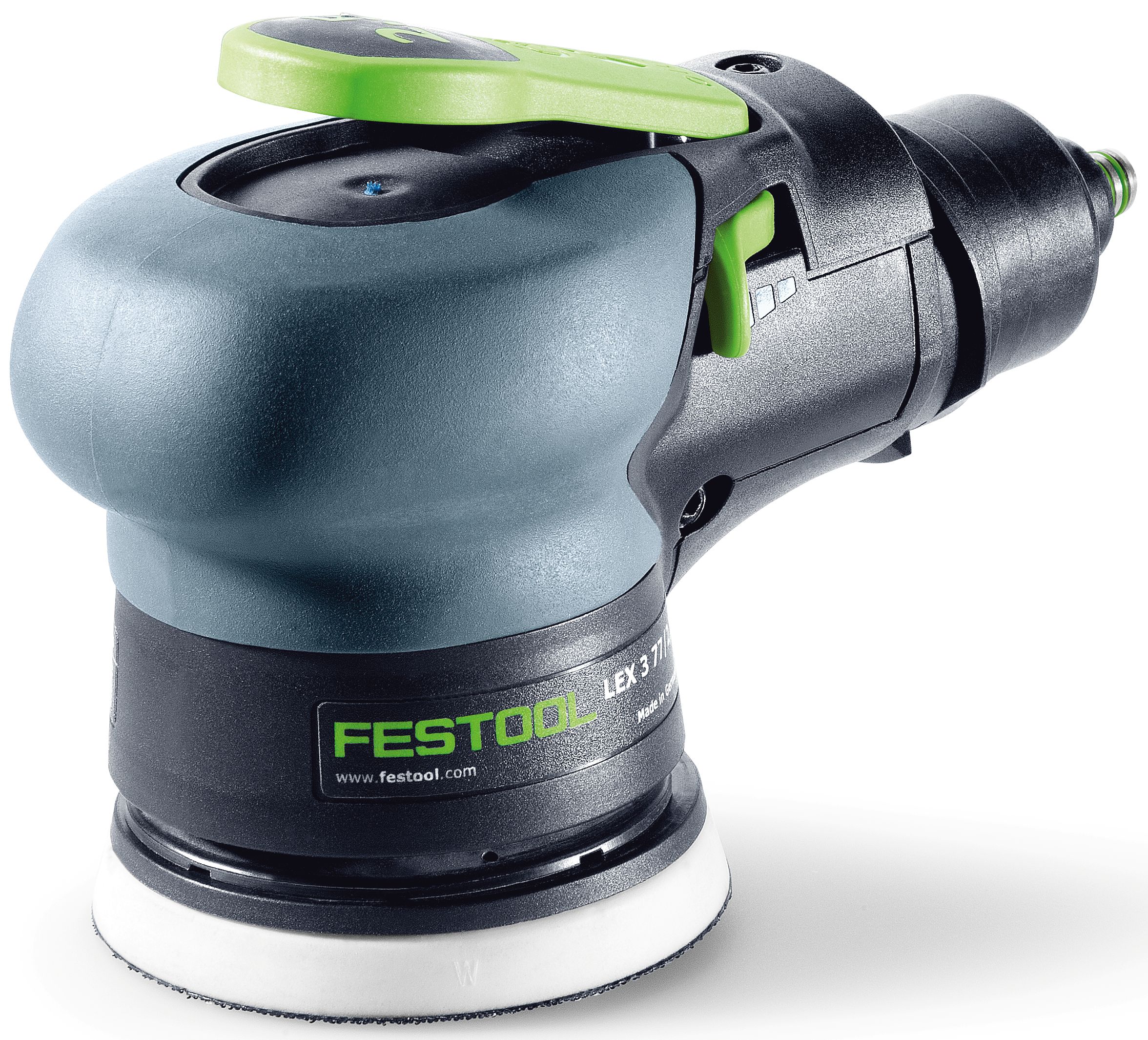 A Festool 691131 Ecc. sander LEX 3 77/2,5 with a gray and black body, green accents, and a white sanding pad on white background.