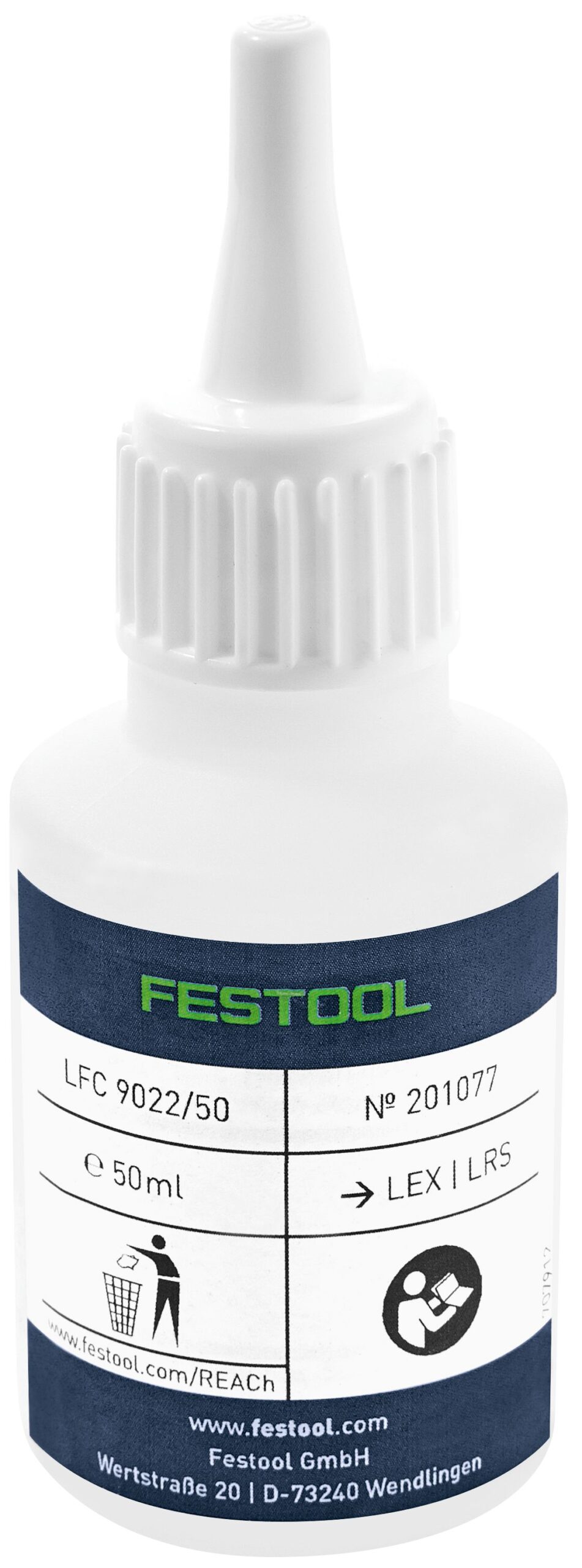A white plastic 50ml bottle with a pointed nozzle, labeled FESTOOL in blue, green, and white.