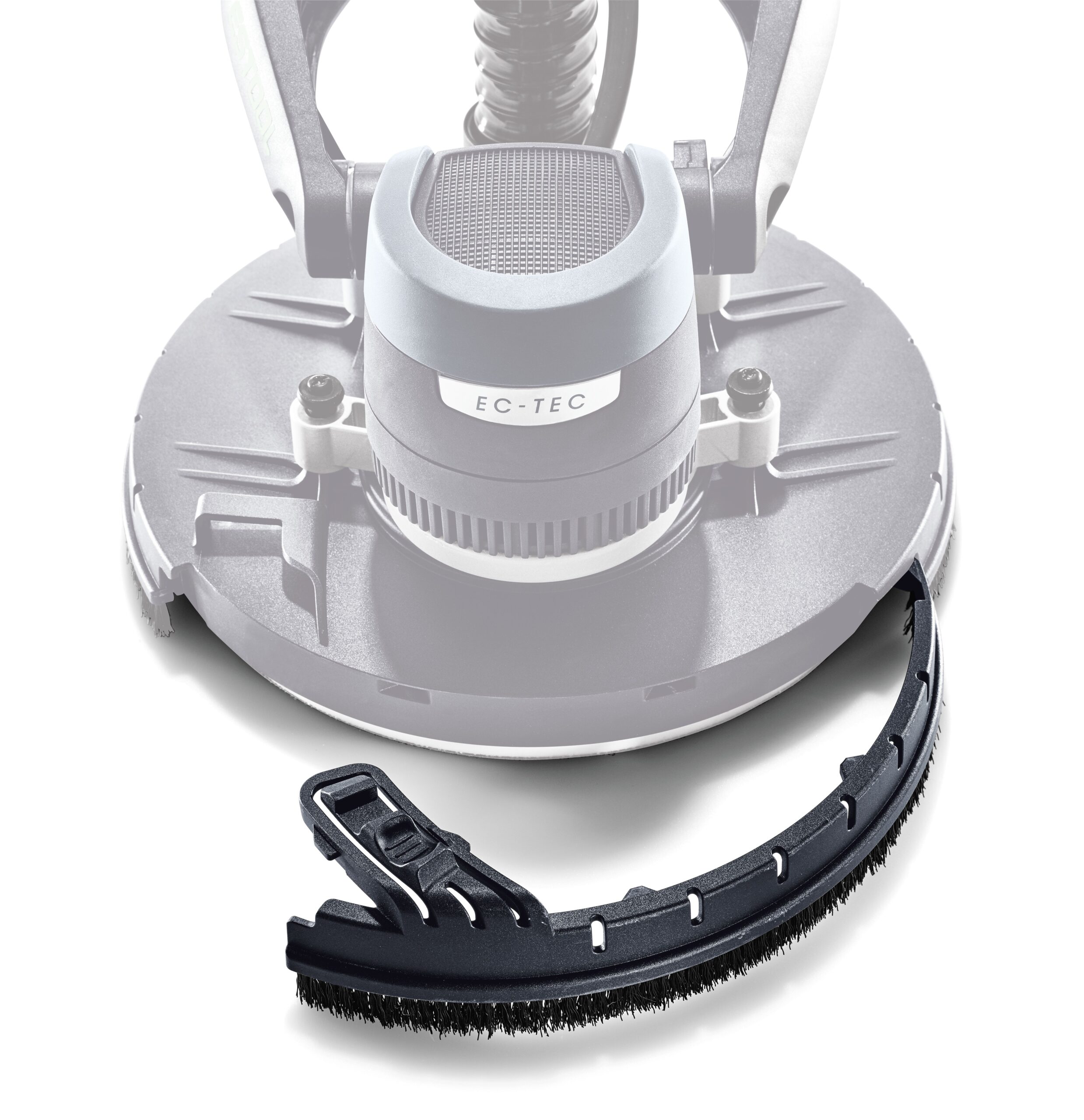 A close-up of a power tool with a detachable brush or guard attachment placed in front, both on a white background.