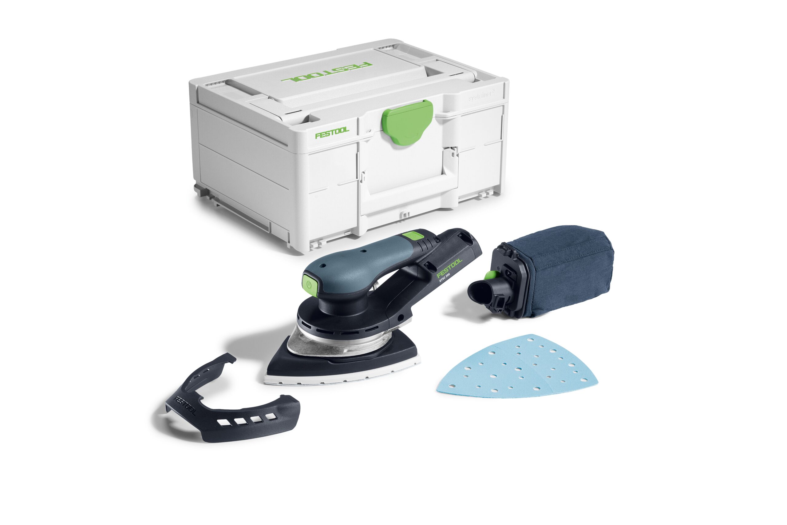 A Festool 577713 cordless detail sander DTSC 200-Basic with dust bag, blue triangular sanding pad, extra holder, and case on white.
