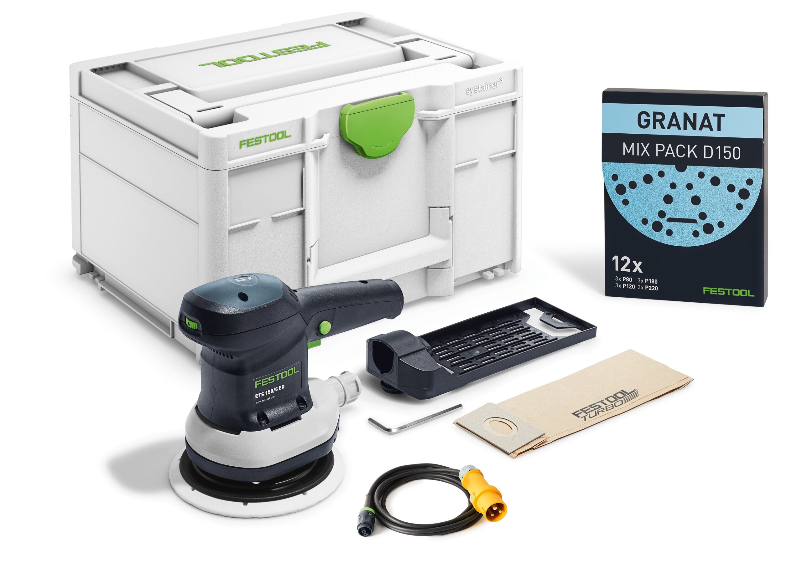 A white box containing the ETS150/5 EQ-PLUS 110V, a black and white power tool designed for 110V use.