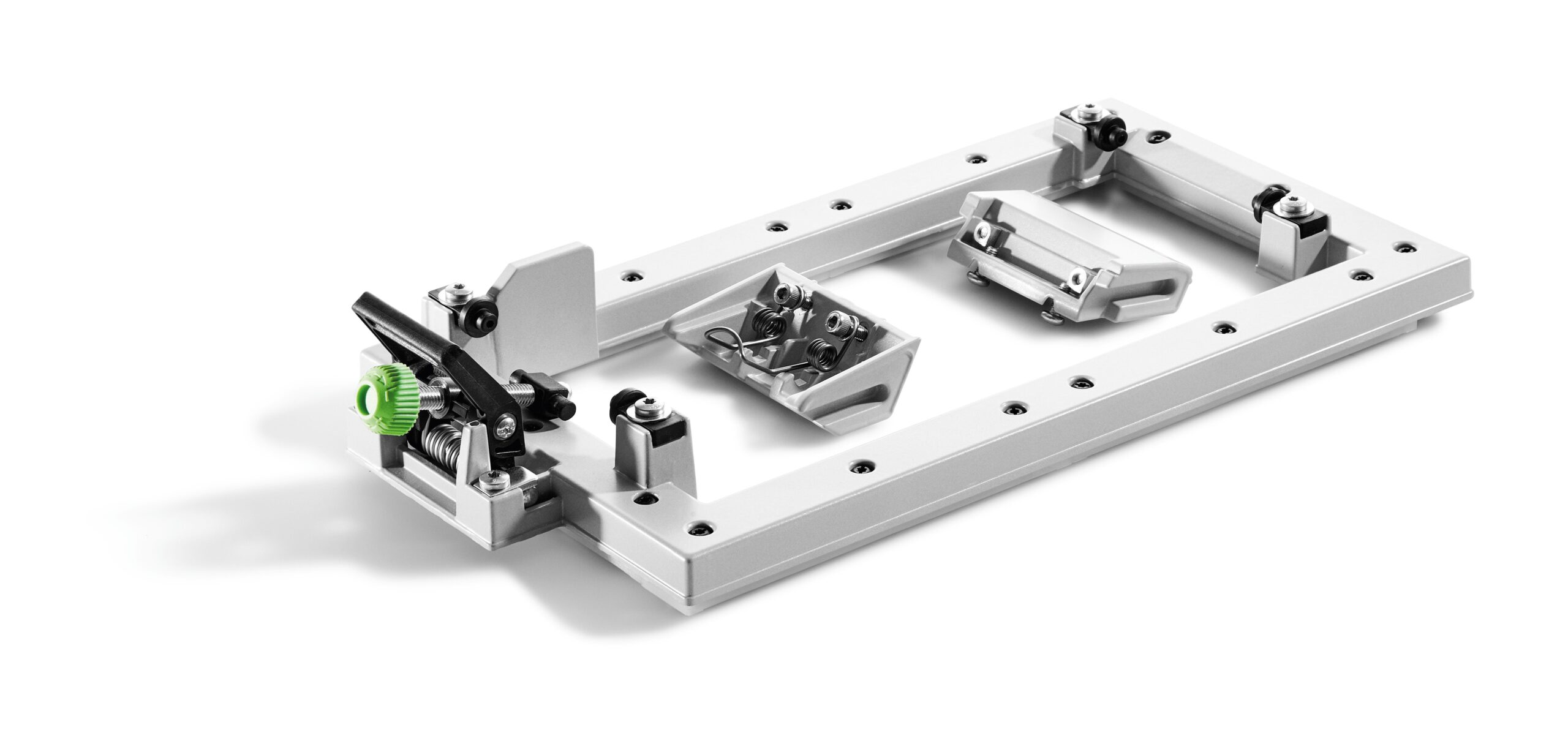A rectangular metal Festool 204803 Sanding frame with screws, coiled wires in the center, and a green knob on a white background.