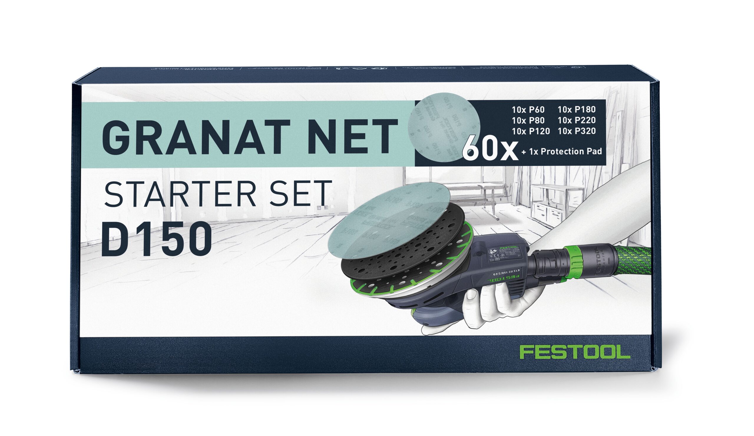 A Festool 578667 sanding discs D150 GR NET-Set box with a hand using a sander, shown with discs and a protection pad.