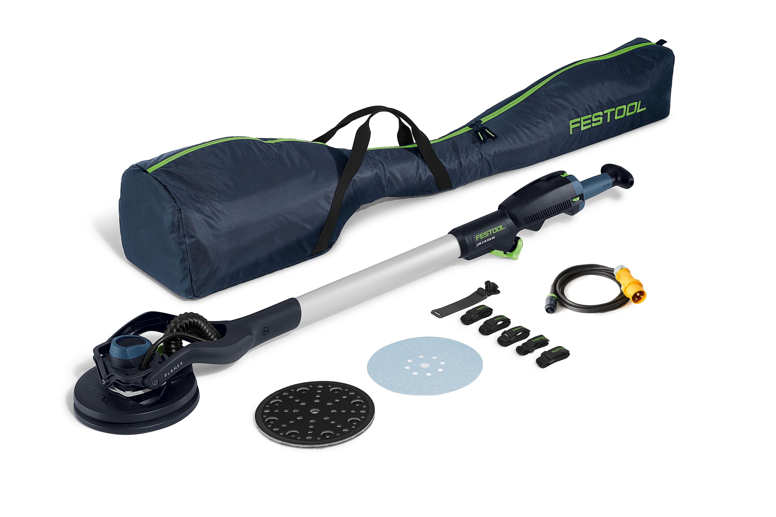 The Festool 577358 kit includes a long-reach sander, bag, sanding discs, power cable, adapter, and accessories on a white background.