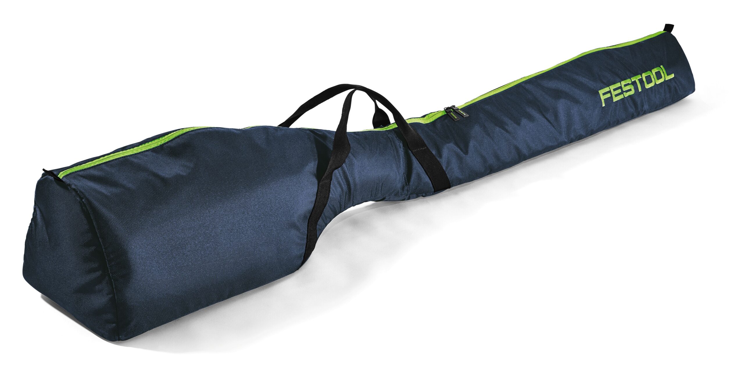 A long, navy blue padded carrying bag with black handles and a green zipper on one end, designed for transporting tools or equipment.