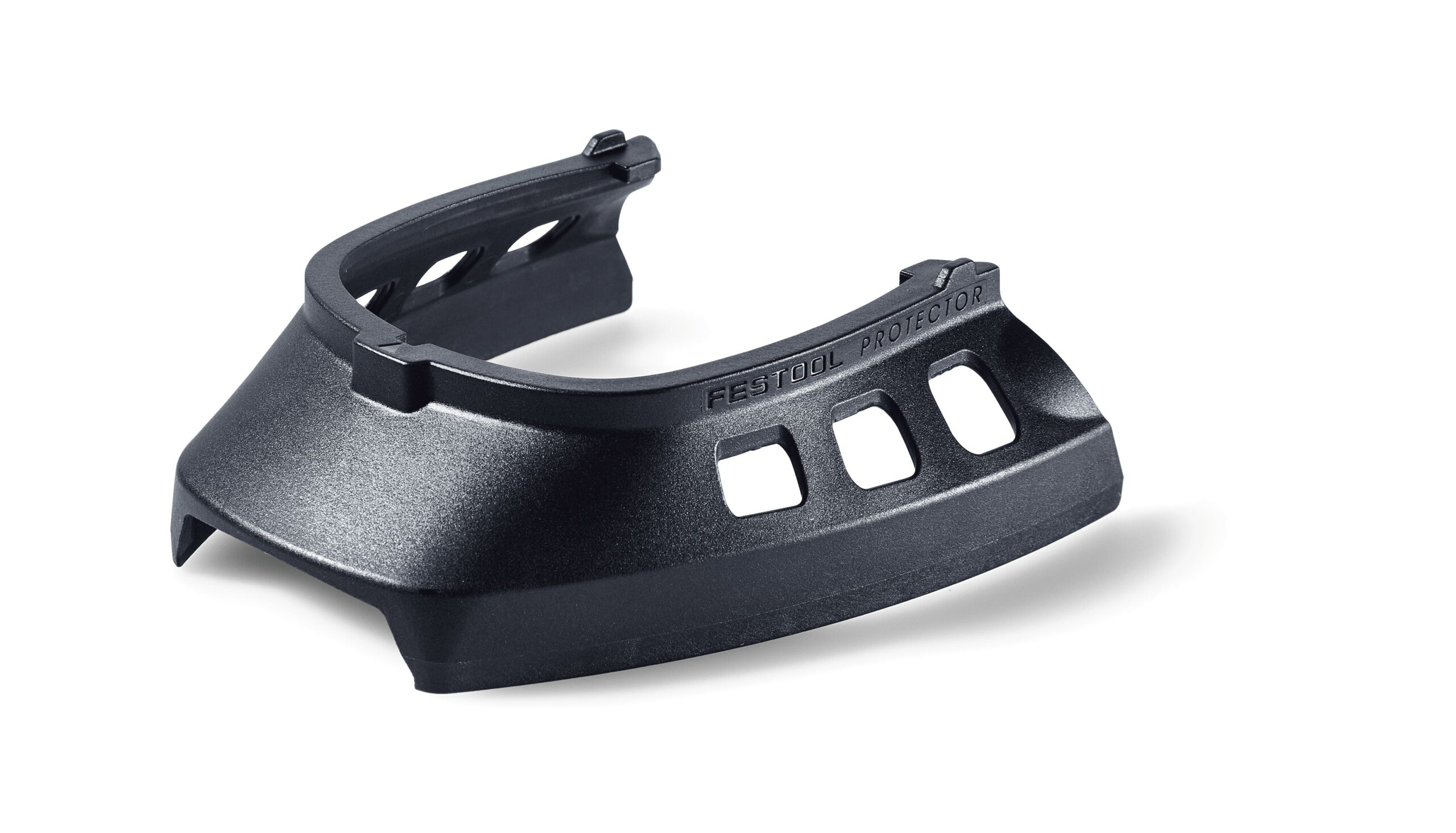 A black Festool protector attachment with rectangular cutouts, made of plastic, designed for a power tool on a white background.