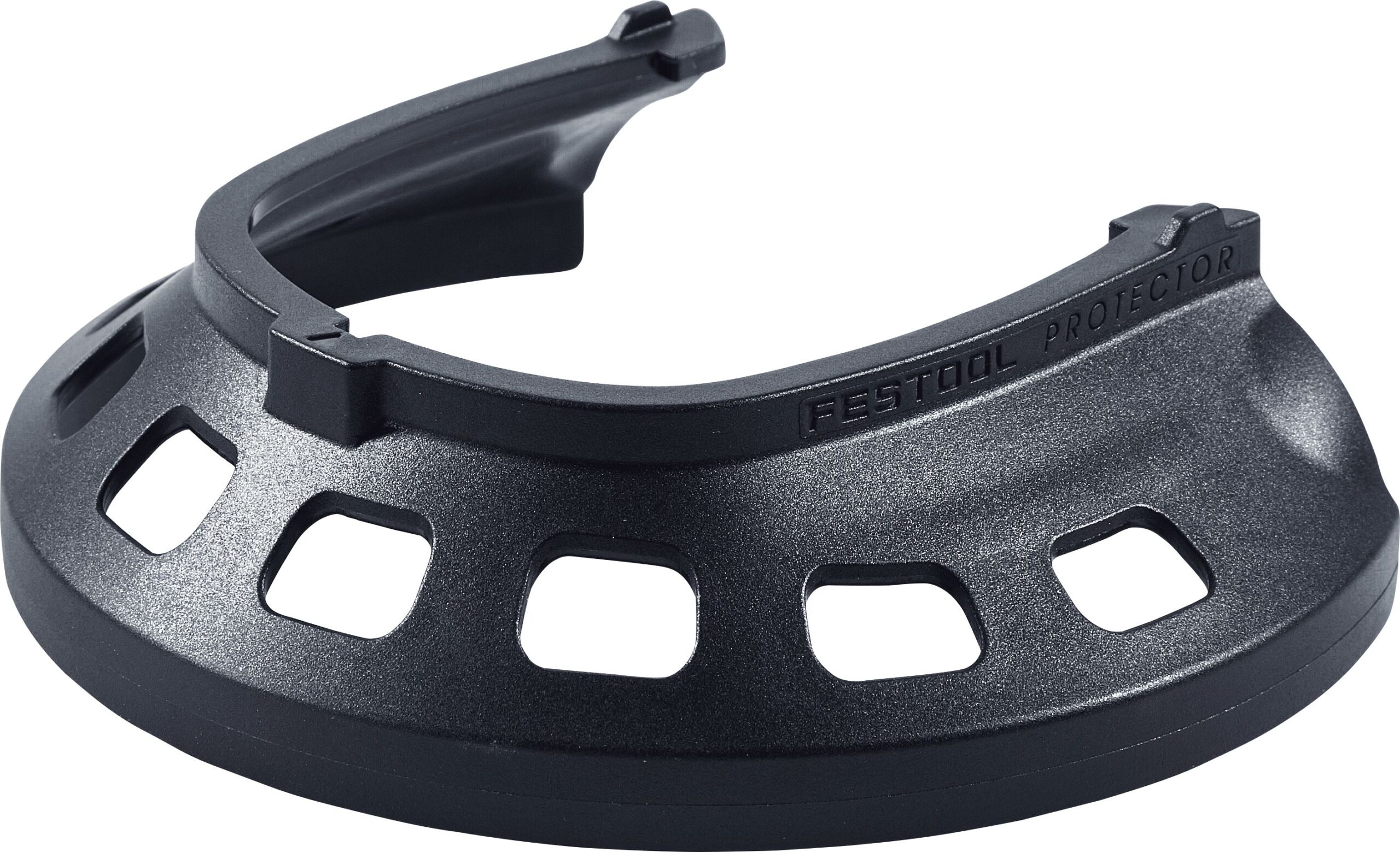 A black plastic semi-circular Festool Protector accessory with multiple rectangular cutouts and a smooth, curved surface.