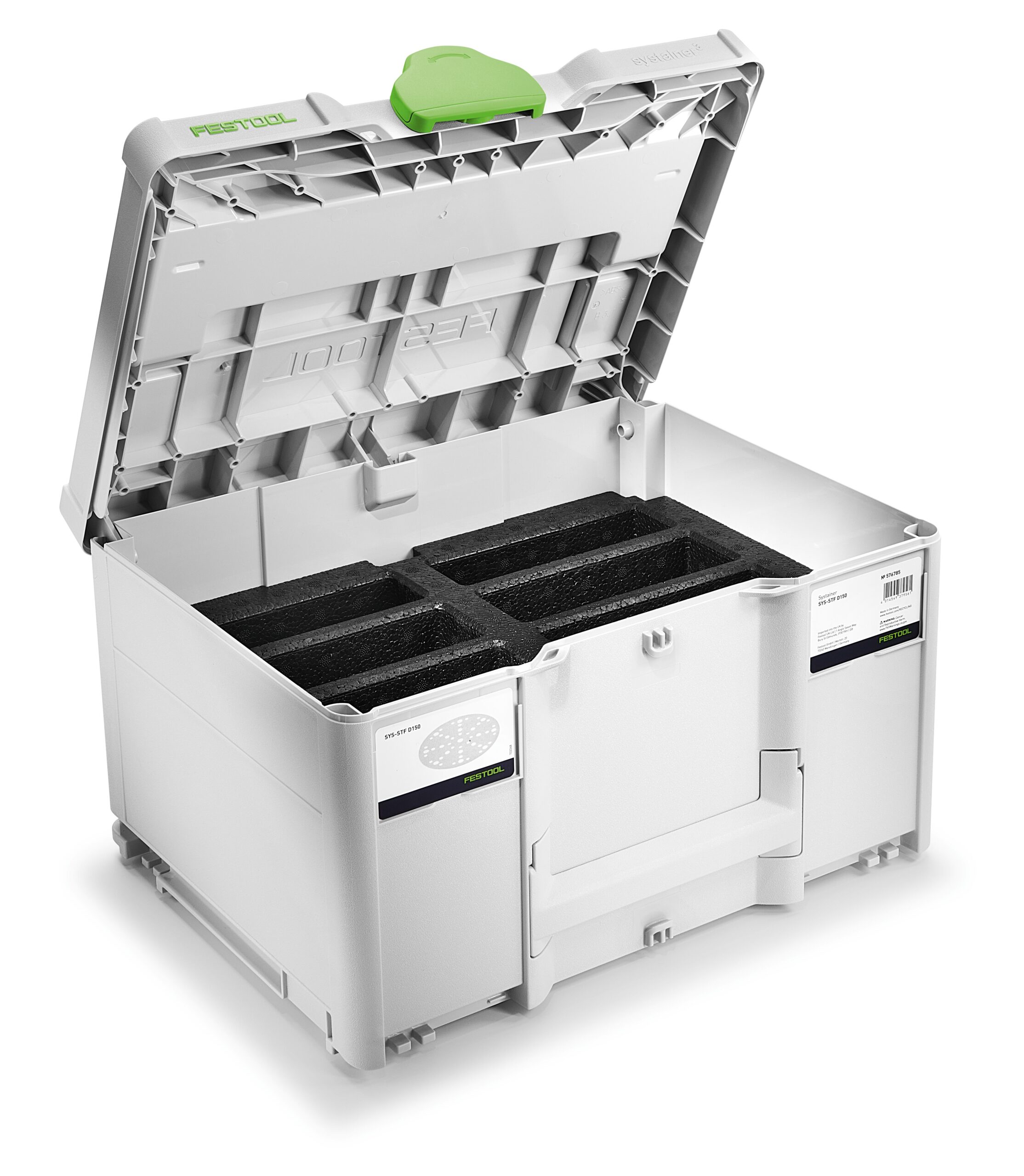 An open gray Festool storage box with black foam inserts, a green latch, and labels on the front and side. The box is empty.