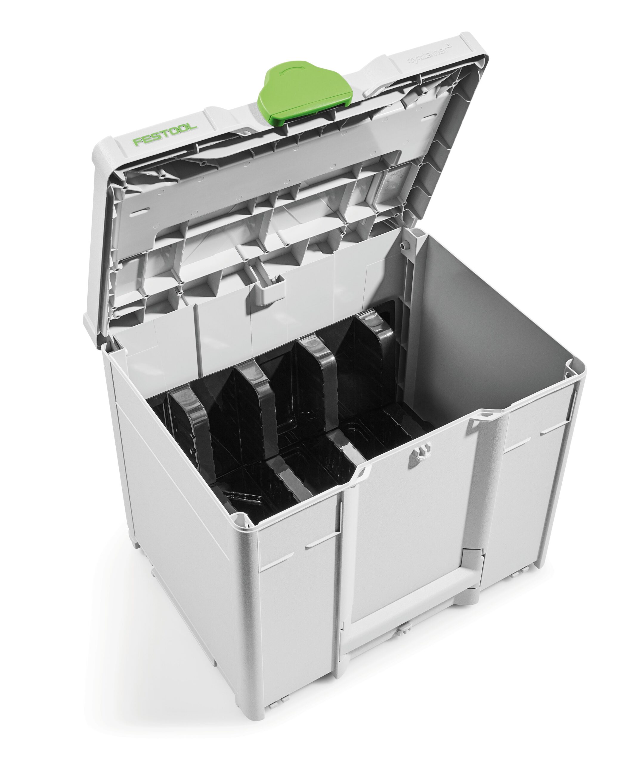 A gray plastic storage box with an open hinged lid, showing organized compartments inside and a green latch on top for storage.