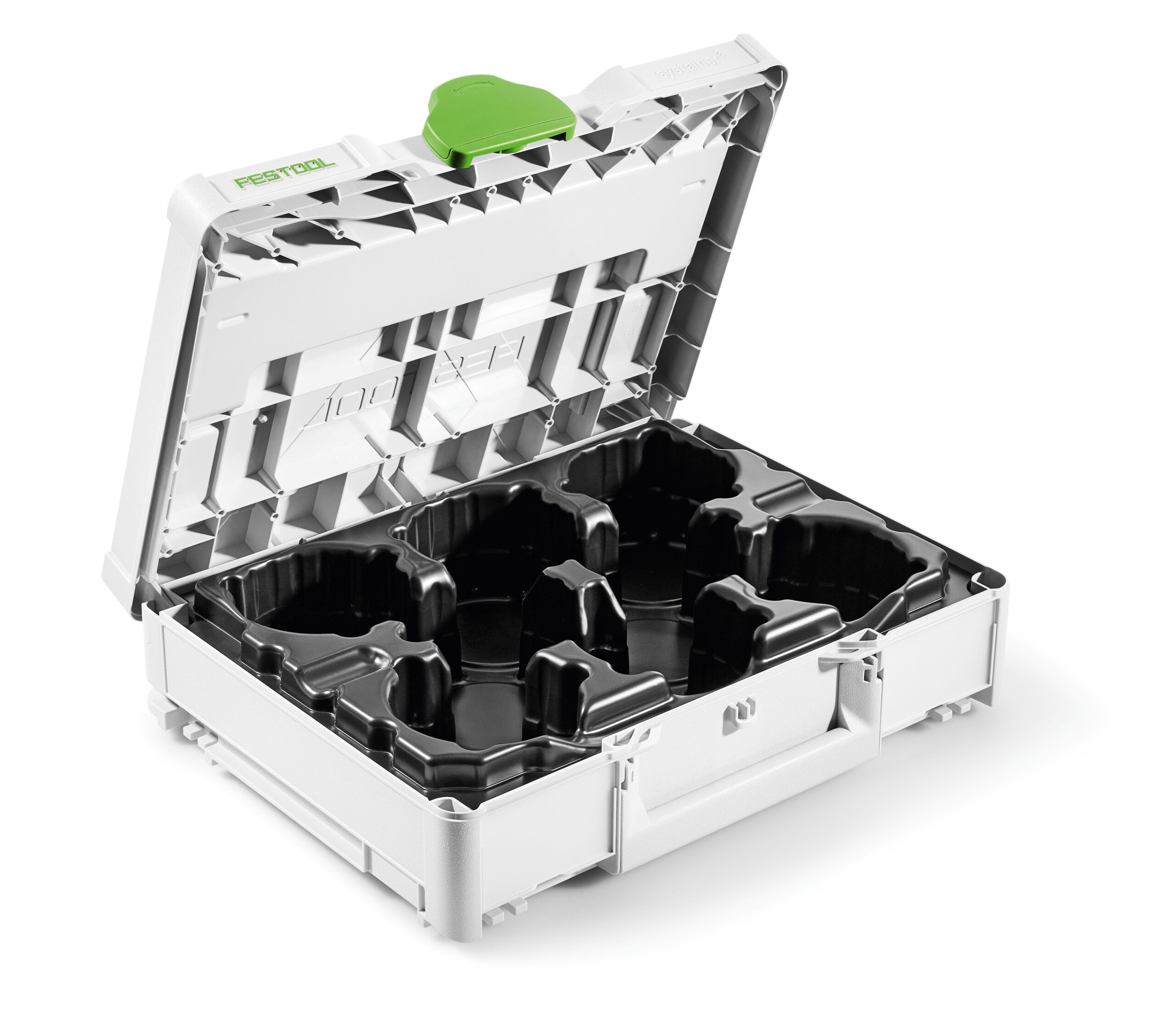 A white Festool storage case with a green latch, open to show a black insert holding multiple compartments for organizing accessories.