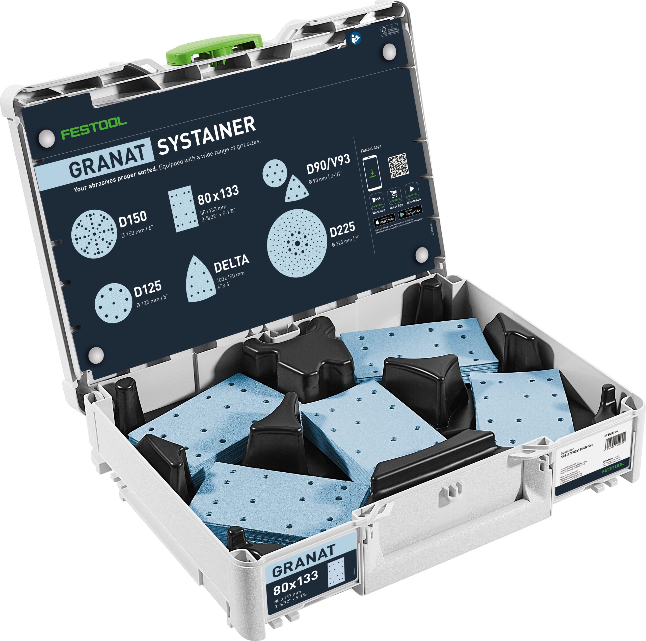 A Festool Systainer case holding blue Granat sandpaper sheets and sanding discs, with a product label and pad diagrams inside the lid.