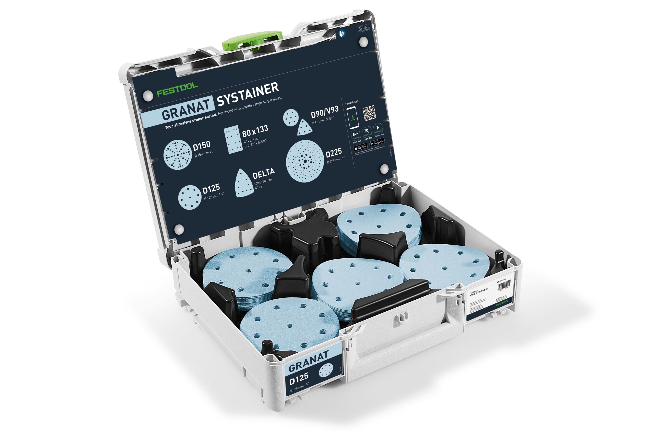 An open Festool Systainer displays sanding discs neatly organized by size, with a lid guide showing compatible disc types.