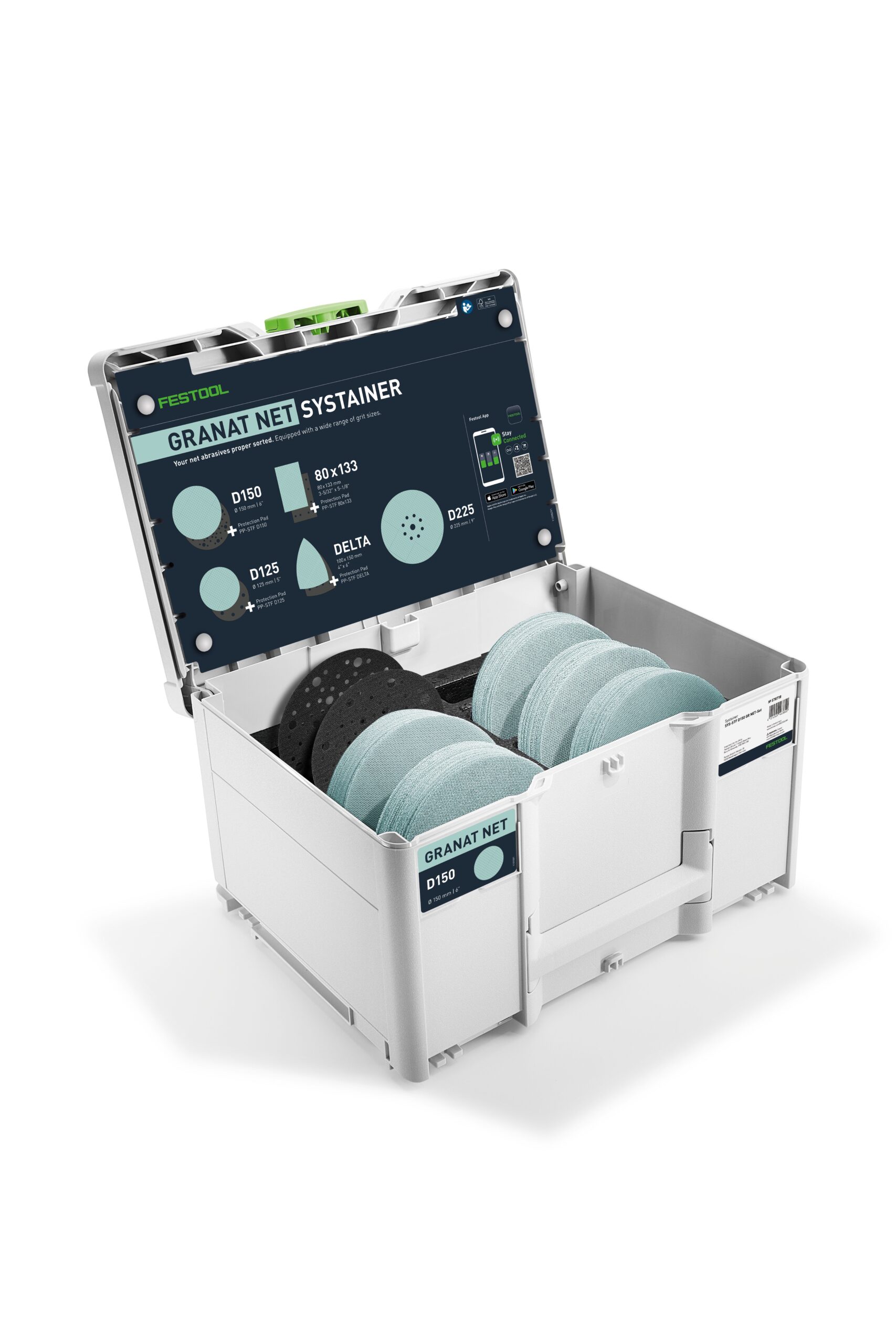 The Festool 578718 D150 GR NET SYS Abrasives Systainer³ Set is open, displaying neatly arranged sanding discs and labeled lid.