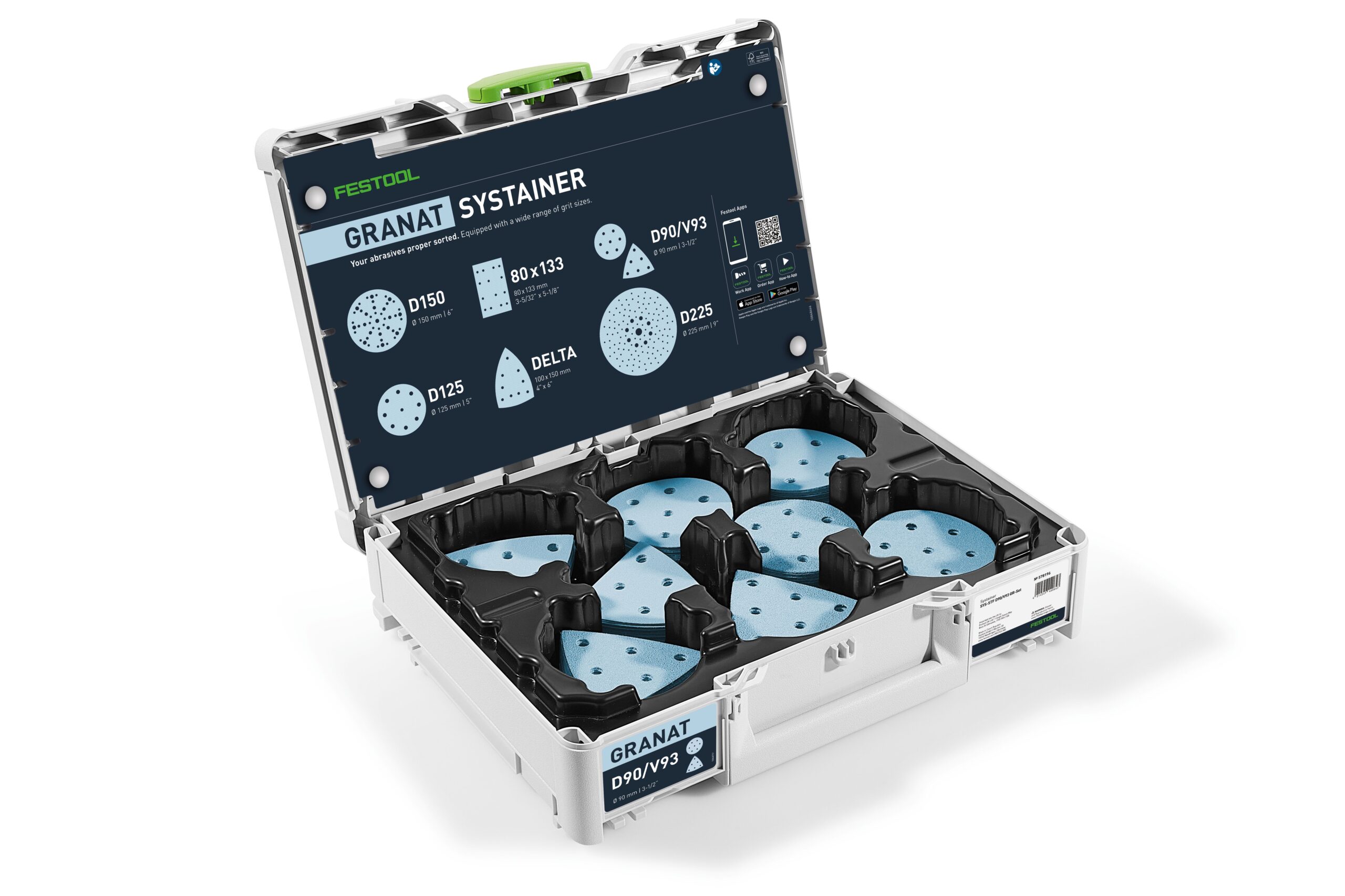 An open Systainer³ shows neatly arranged blue sanding discs in various sizes, with a guide on the lid for the Festool set.