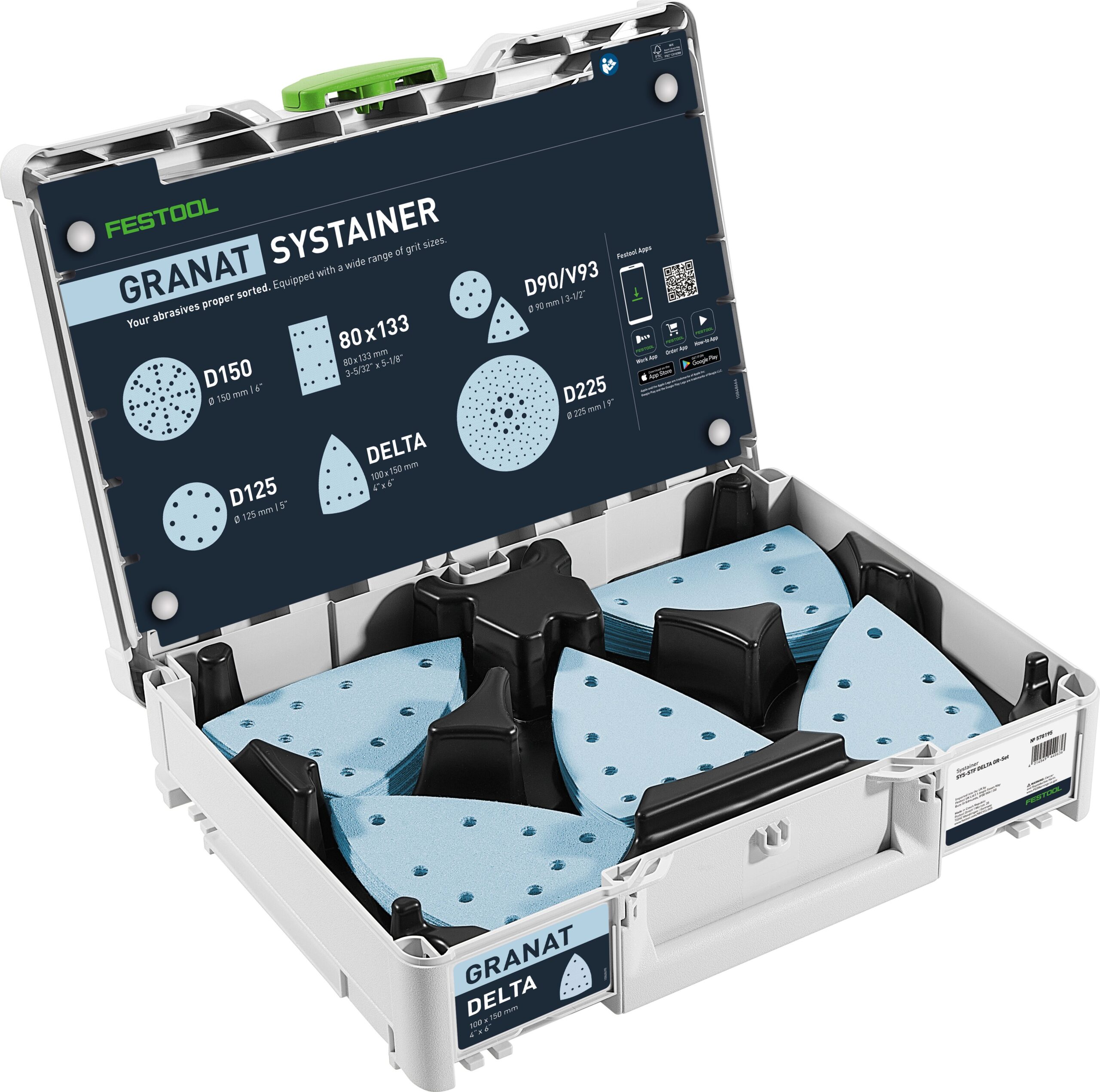 An open Festool 578195 SYS-STF DELTA GR-Set displays blue, perforated Granat Delta sanding pads and discs organized inside.