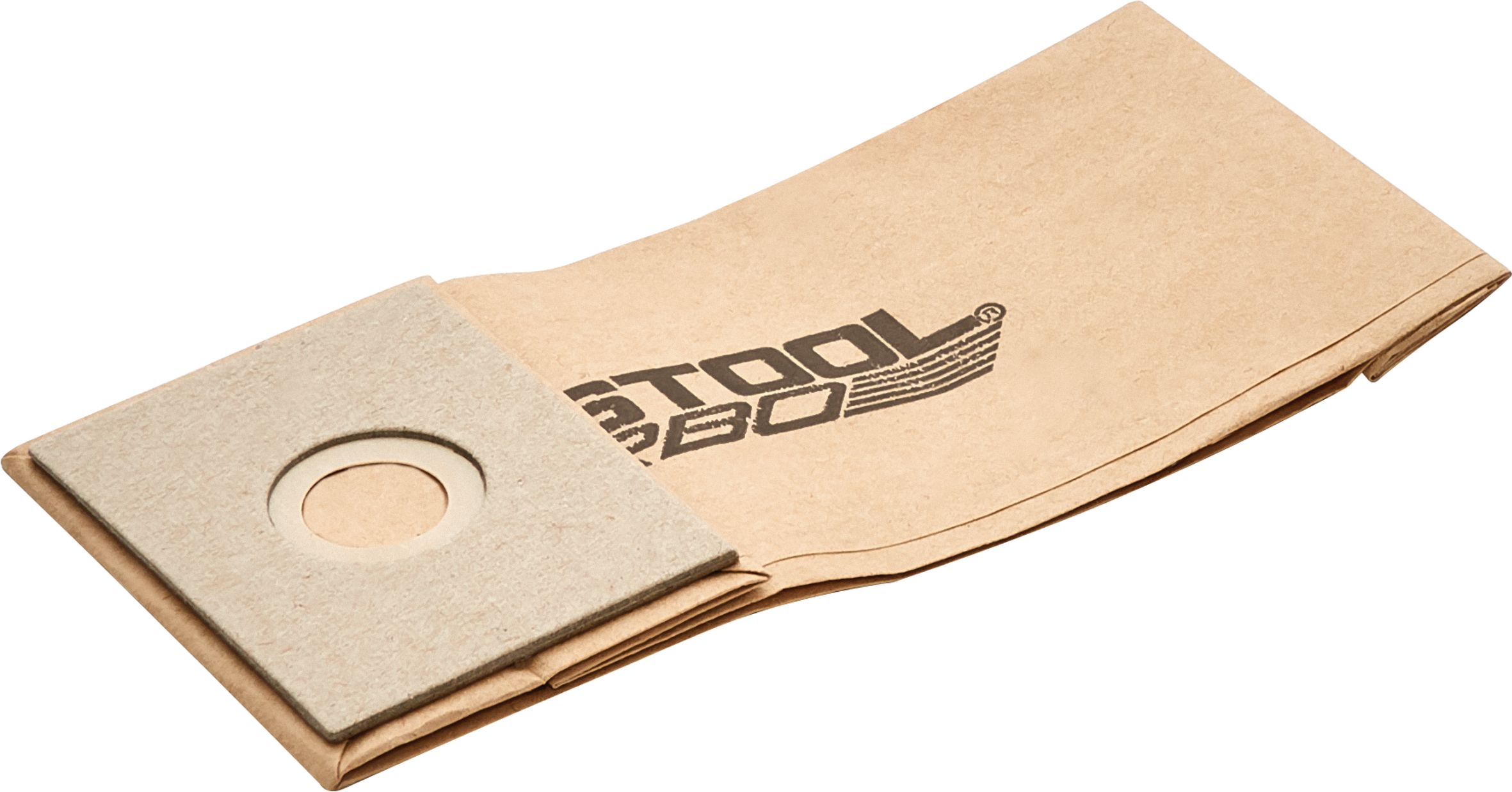 A folded brown paper vacuum cleaner bag with a cardboard collar and a circular hole in the center.