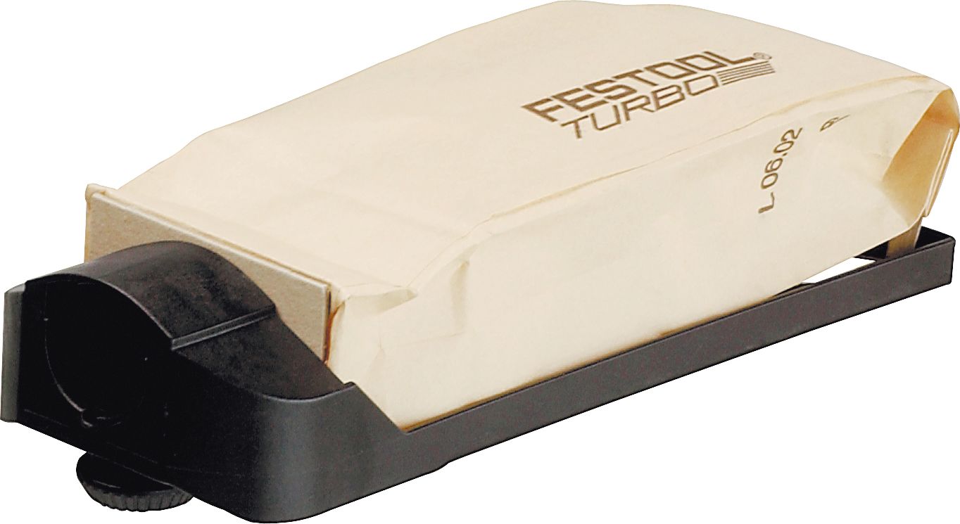A Festool Turbo dust collection bag with a black plastic base and beige paper bag, designed to capture dust from power tools.