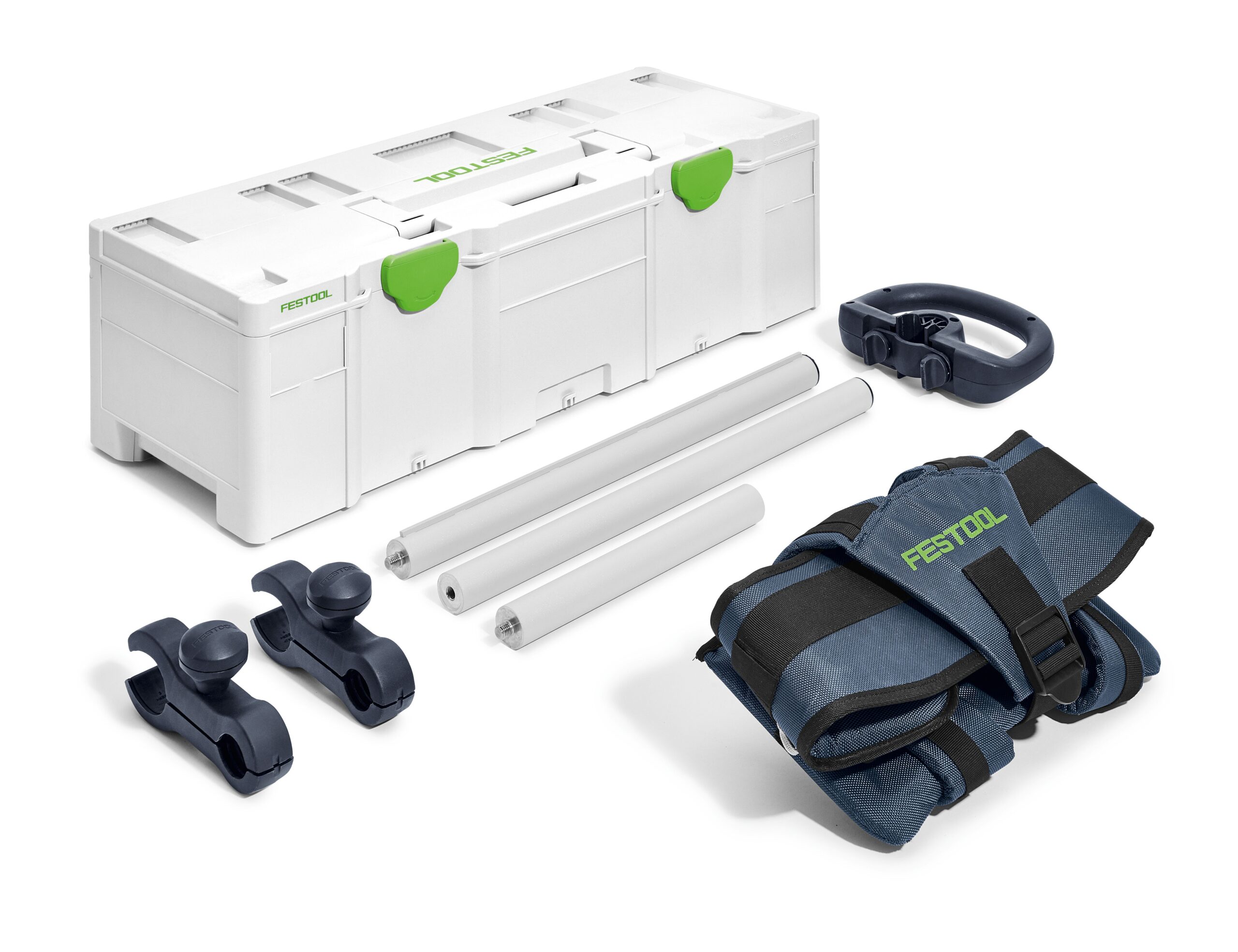 The Festool 576802 Carrying Harness TG-LHS 225 kit with storage box, clamps, rods, strap, and handle on a white background.