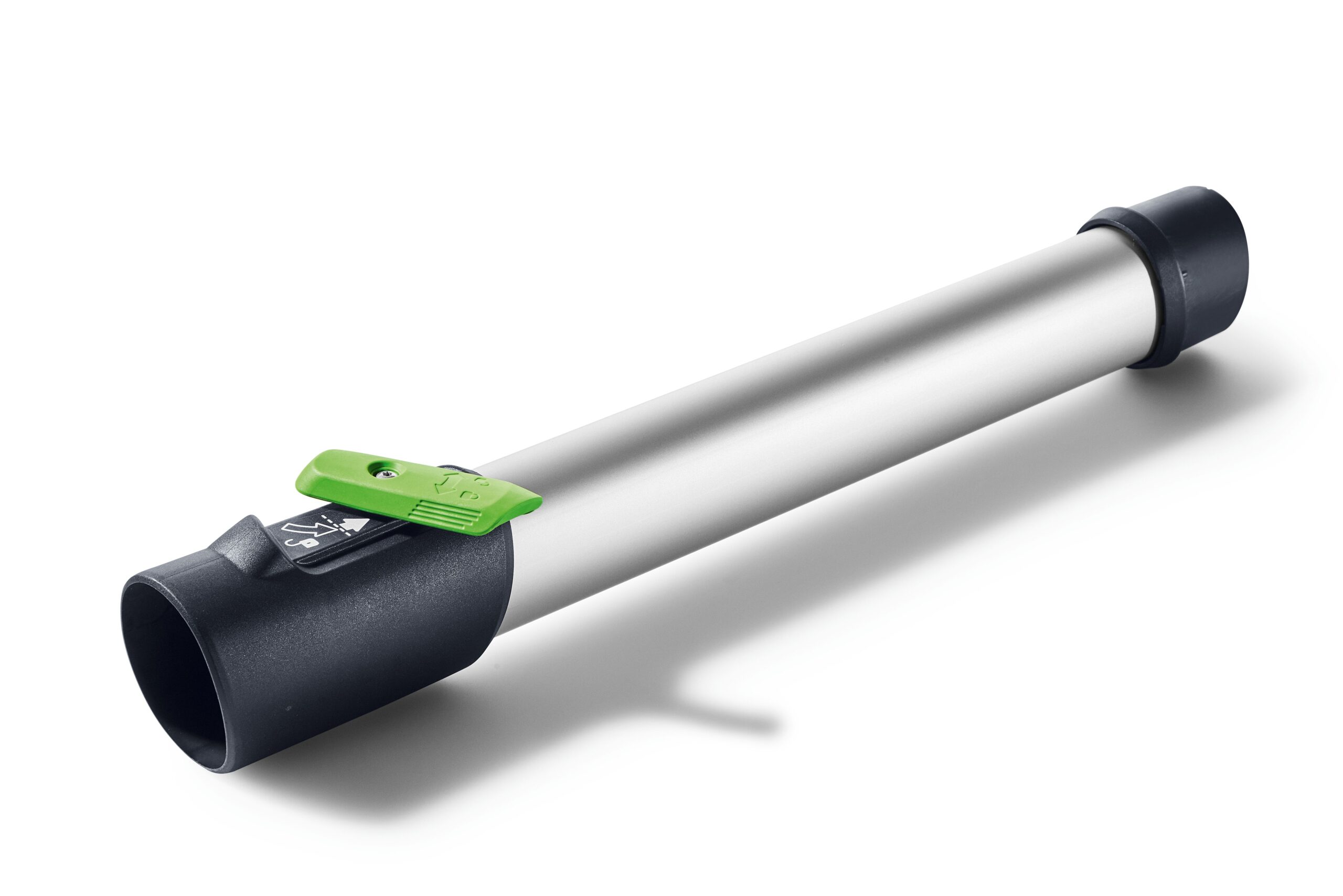 The Festool 205416 Elongation VL-LHS 2 225 is a cylindrical metal tube with black plastic ends and a green sliding latch on white.