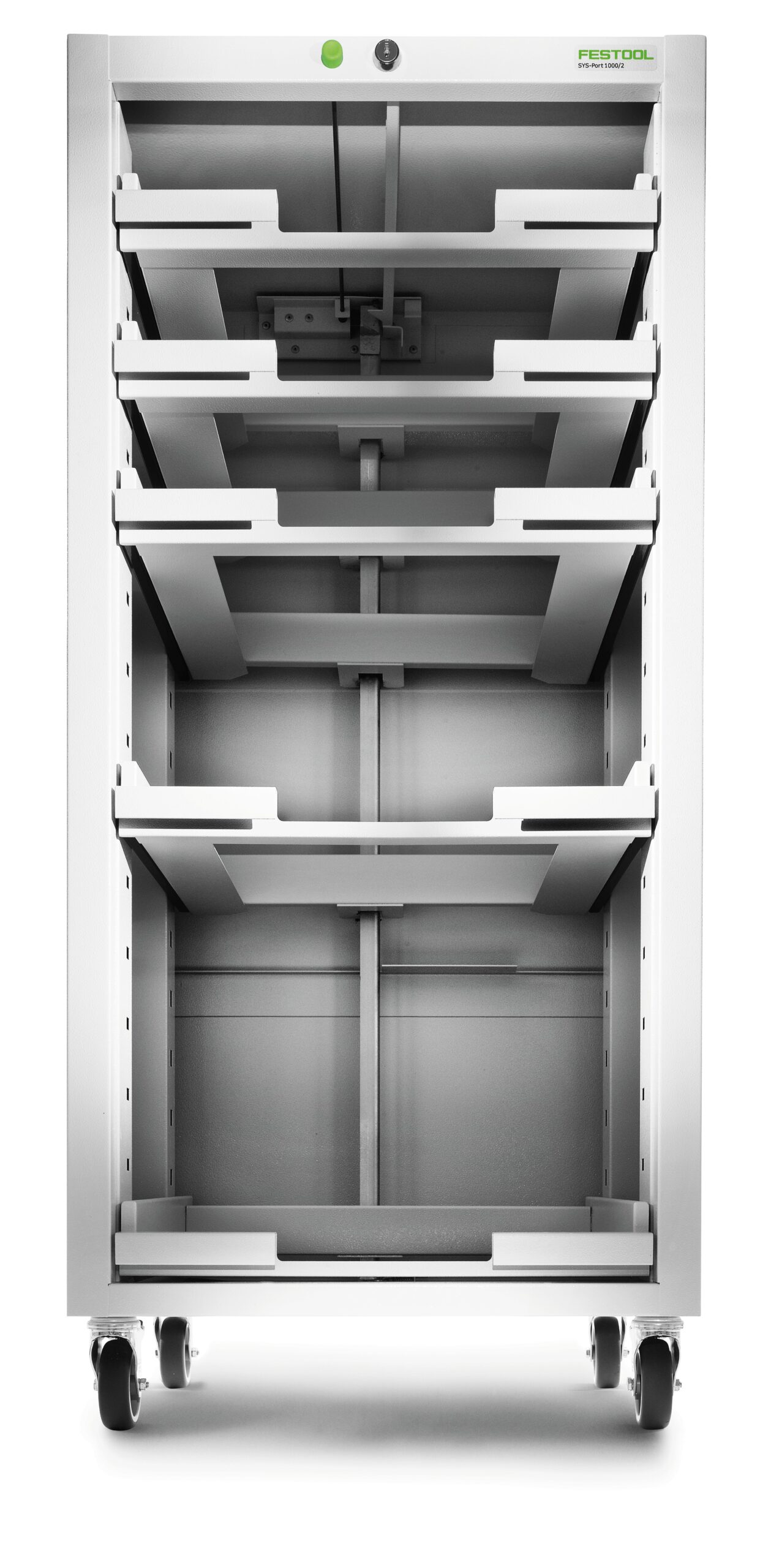 The Festool 491922 SYS-PORT 1000/2 Systainer-Port is a metal storage cart with four pull-out drawers on caster wheels for tool organization, featuring front-opening drawers for easy access.