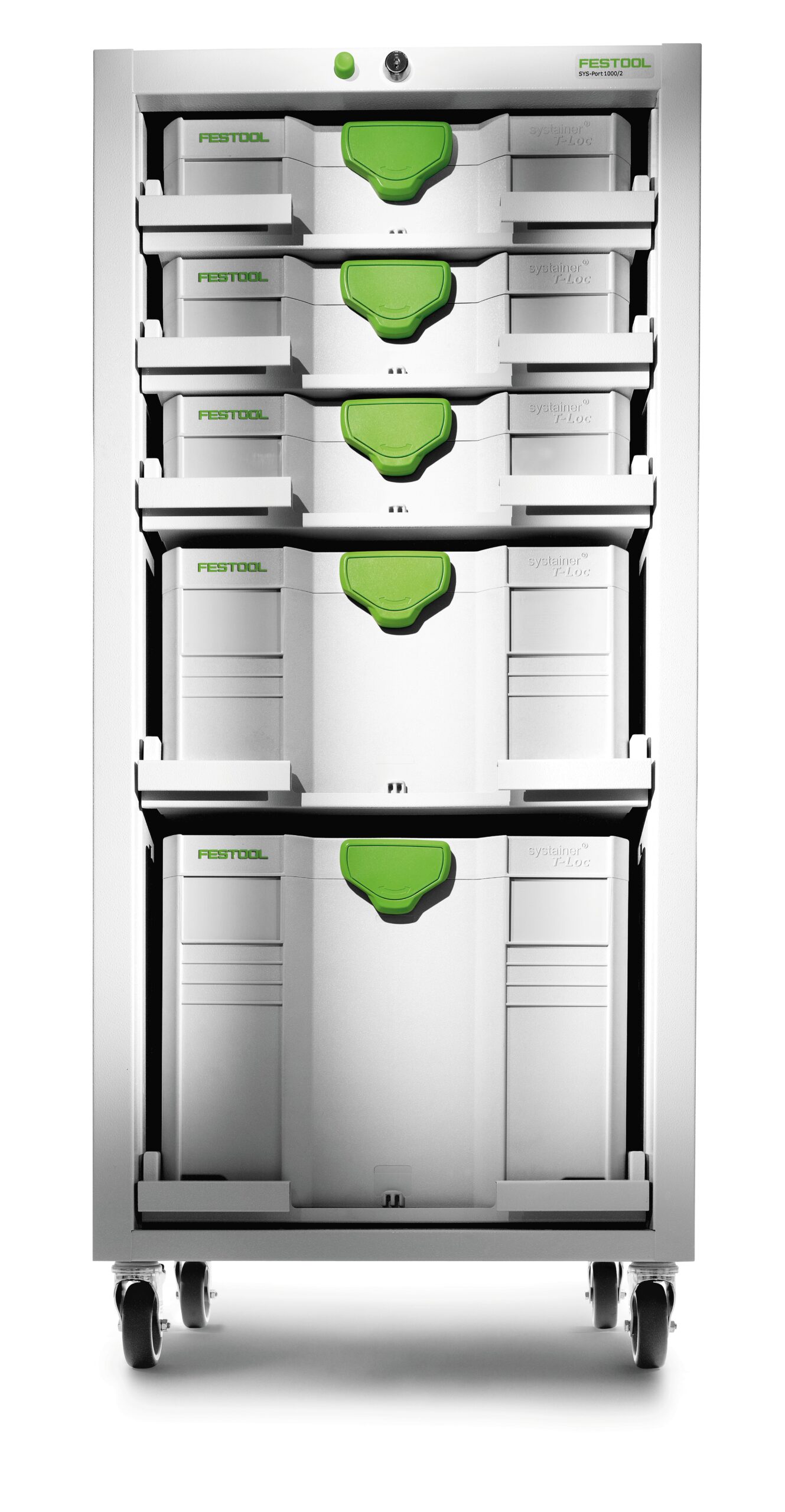 The Festool 491922 SYS-PORT 1000/2 Systainer-Port is a white rolling storage cabinet with five drawers, each with a green handle.