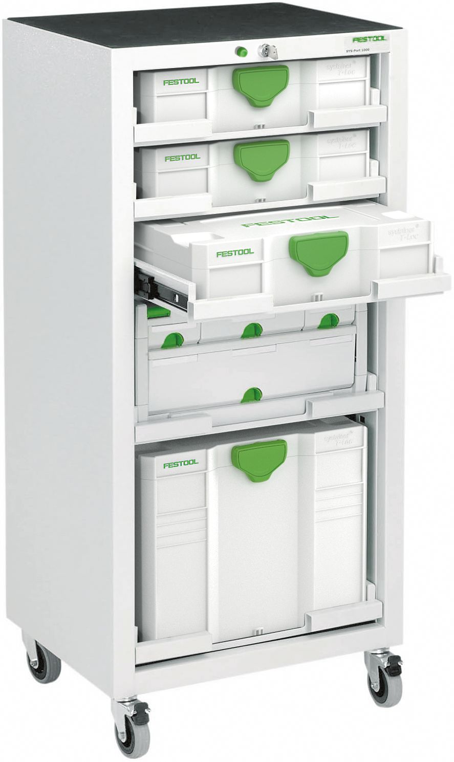 A white and green plastic storage bin compatible with Festool 491922 SYS-PORT 1000/2 Systainer-Port for organized storage.