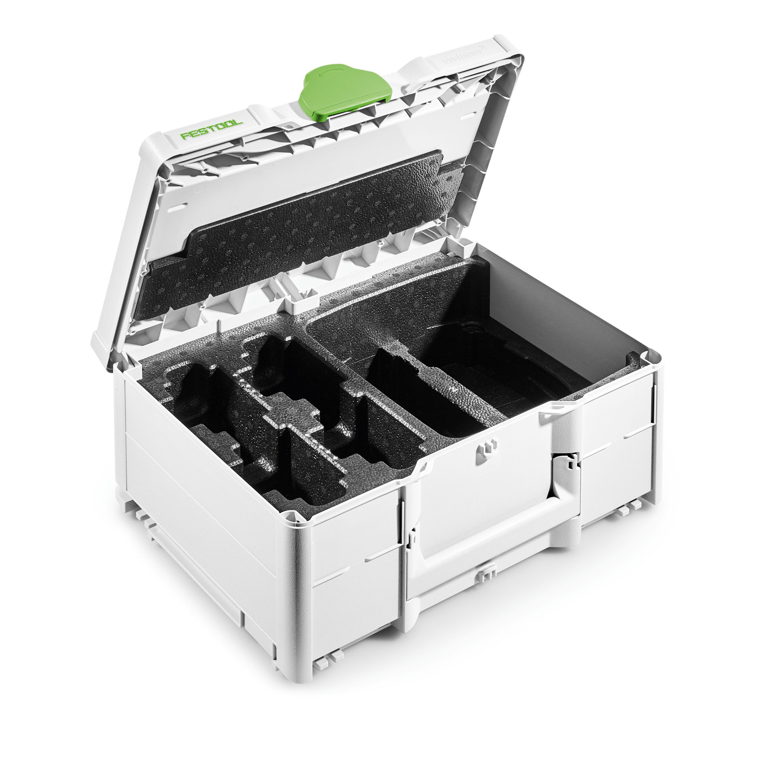 A white plastic storage case with a green latch, open to reveal a black foam insert divided into compartments for organizing tools.