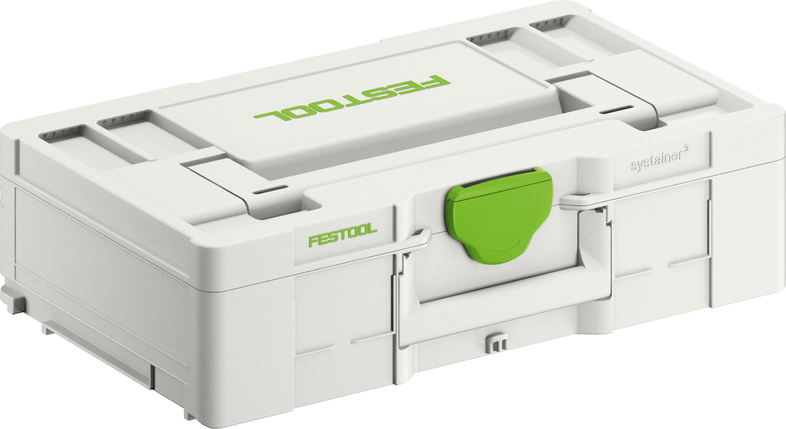 A gray Festool Systainer storage box with a green latch and handle, designed for organizing and transporting tools.