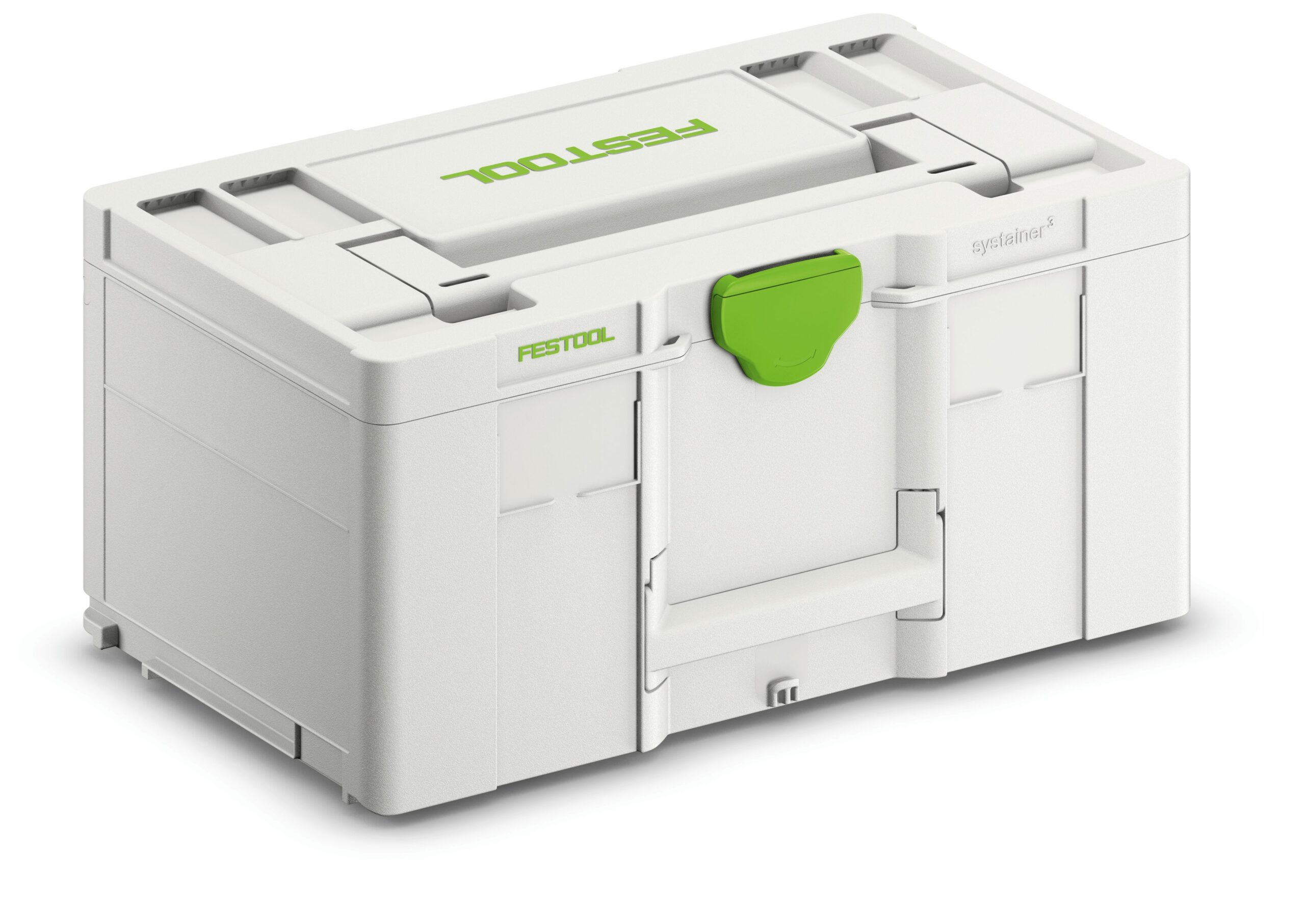 A white plastic Festool storage box with a green latch, designed for organizing and transporting tools and accessories.