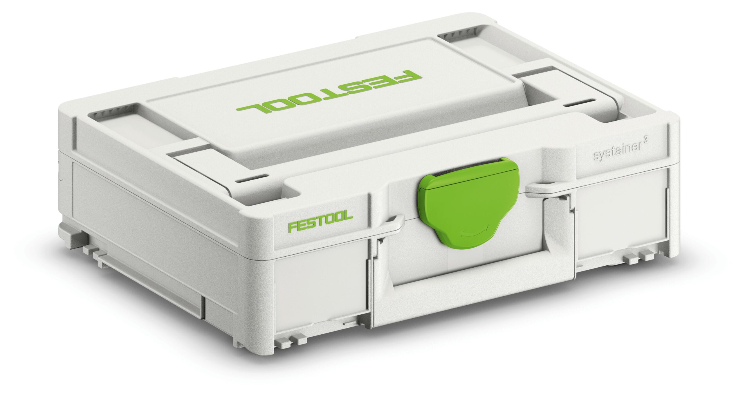 White Festool tool storage box with green latch and logo on the lid, sturdy stackable design, and rounded edges.