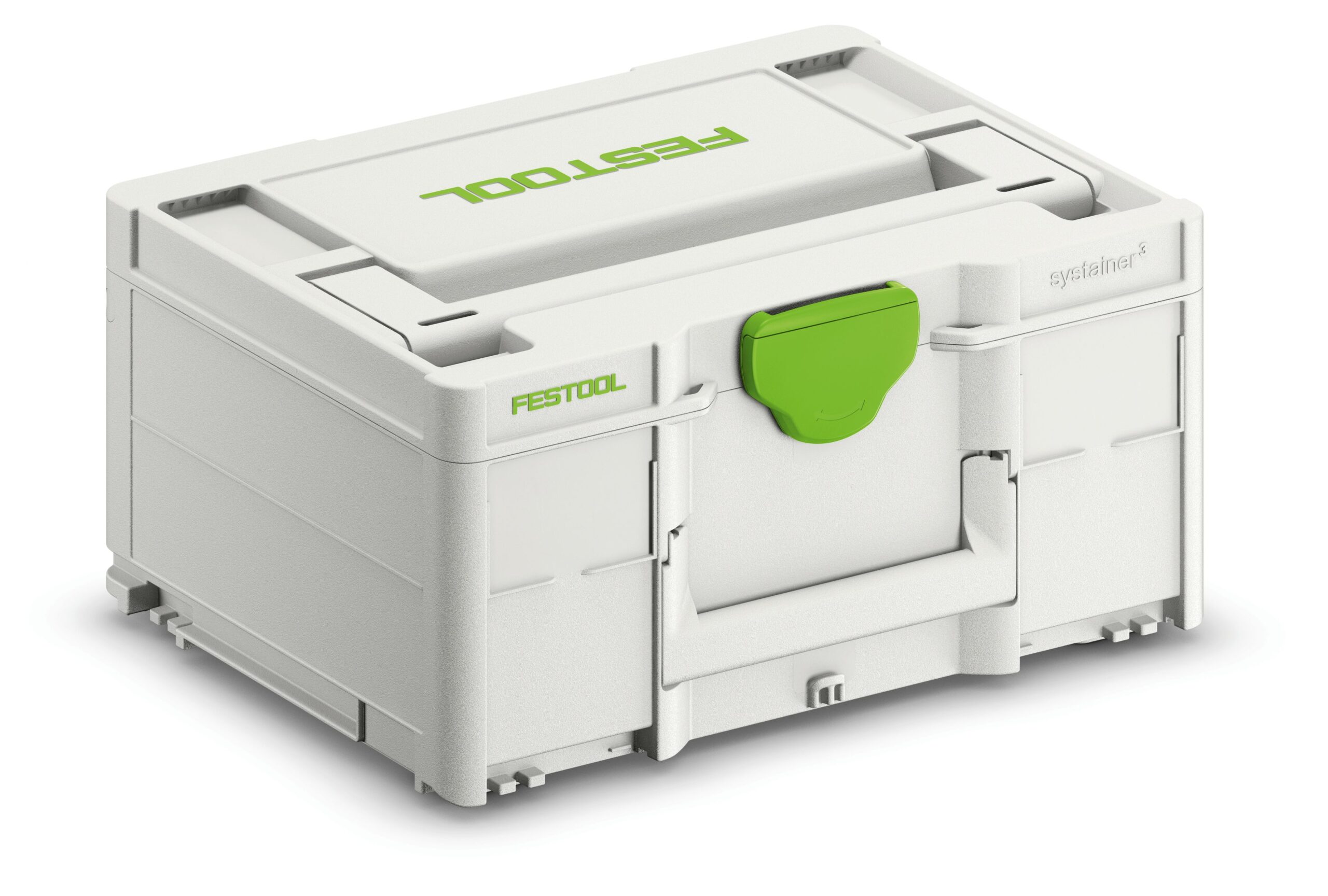 A white Festool Systainer storage box with a green latch and handle, closed and slightly angled to the left.