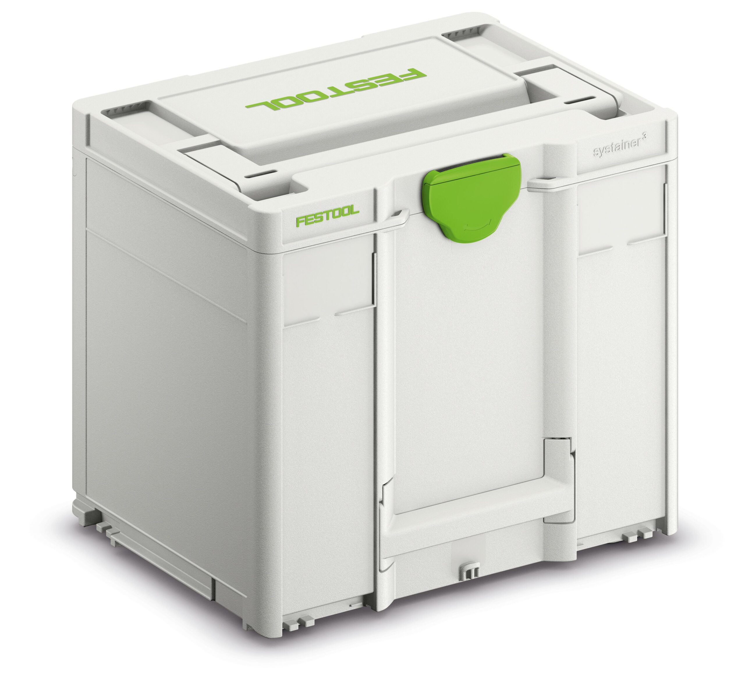 A gray Festool Systainer storage box with a green latch and handle, designed for organizing and transporting tools.