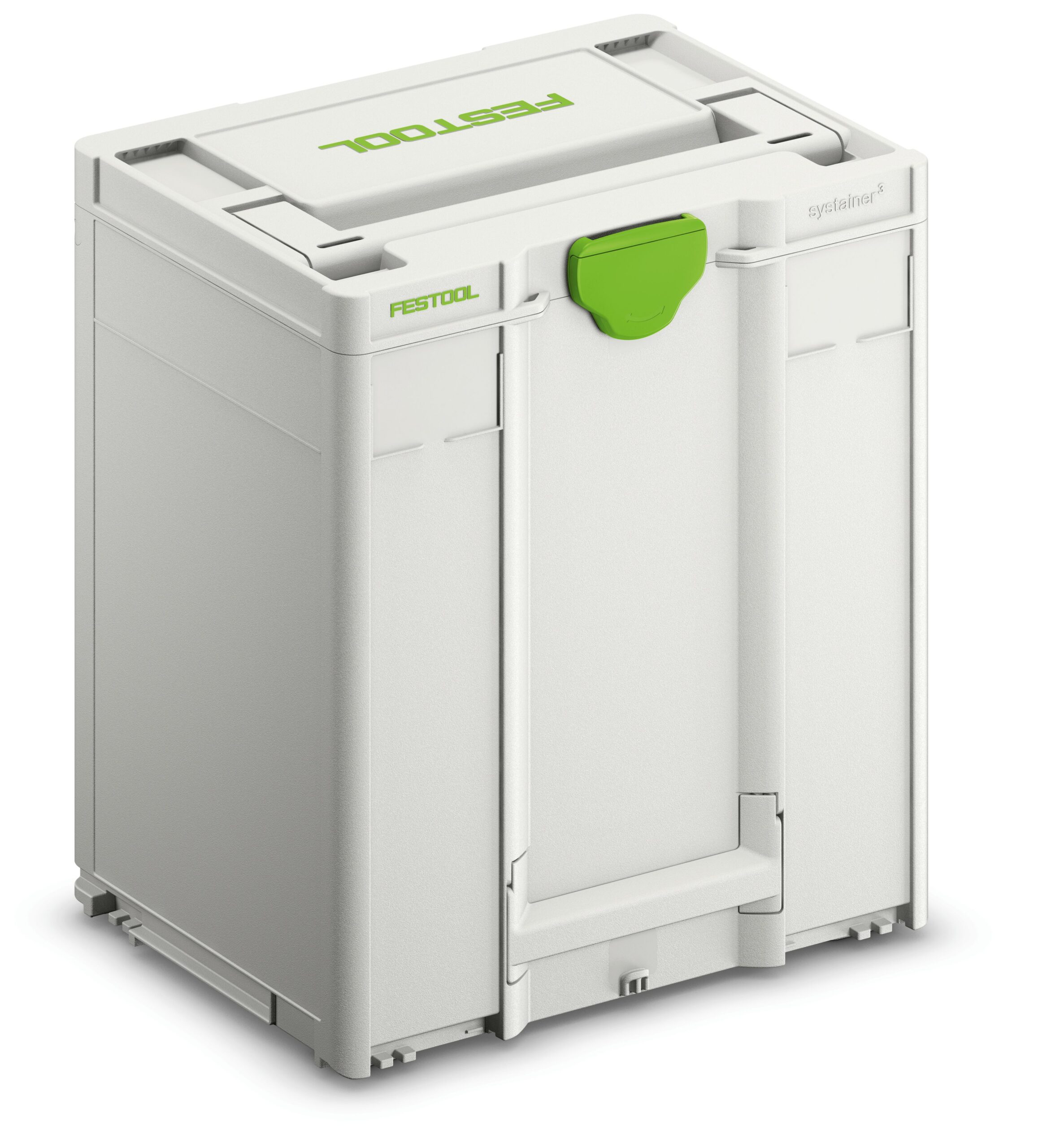 A white Festool storage container with a green latch on the lid, designed for organizing and transporting tools.