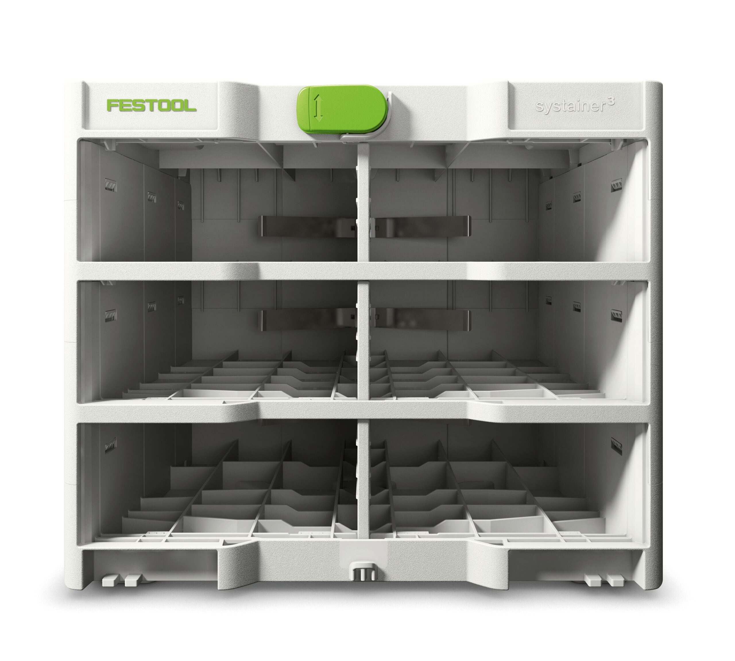 A gray plastic storage organizer with six empty sections and a green latch at the top center. Viewed from the front.