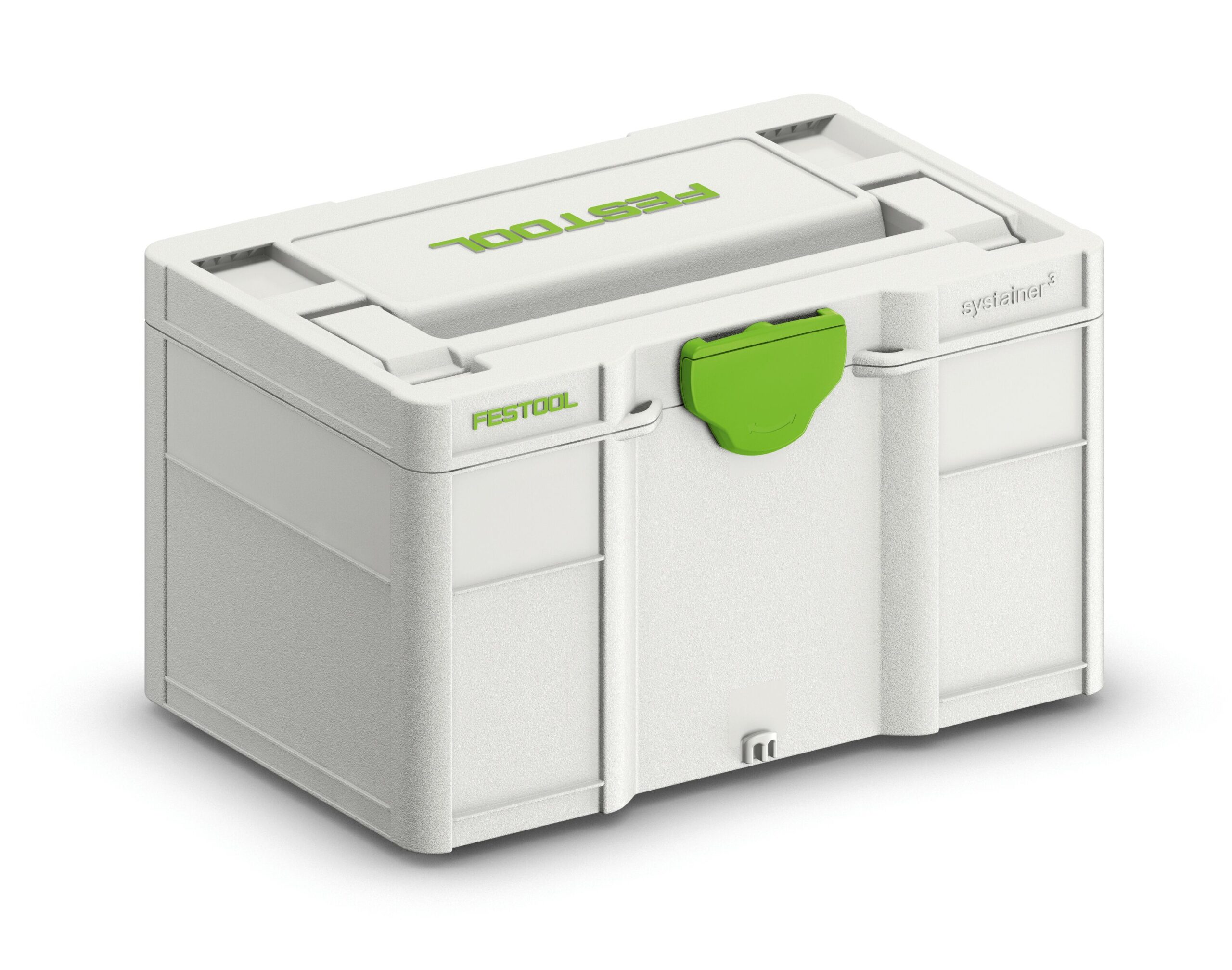 A white plastic Festool Systainer storage box with a green latch, rectangular shape, and a top handle for carrying.