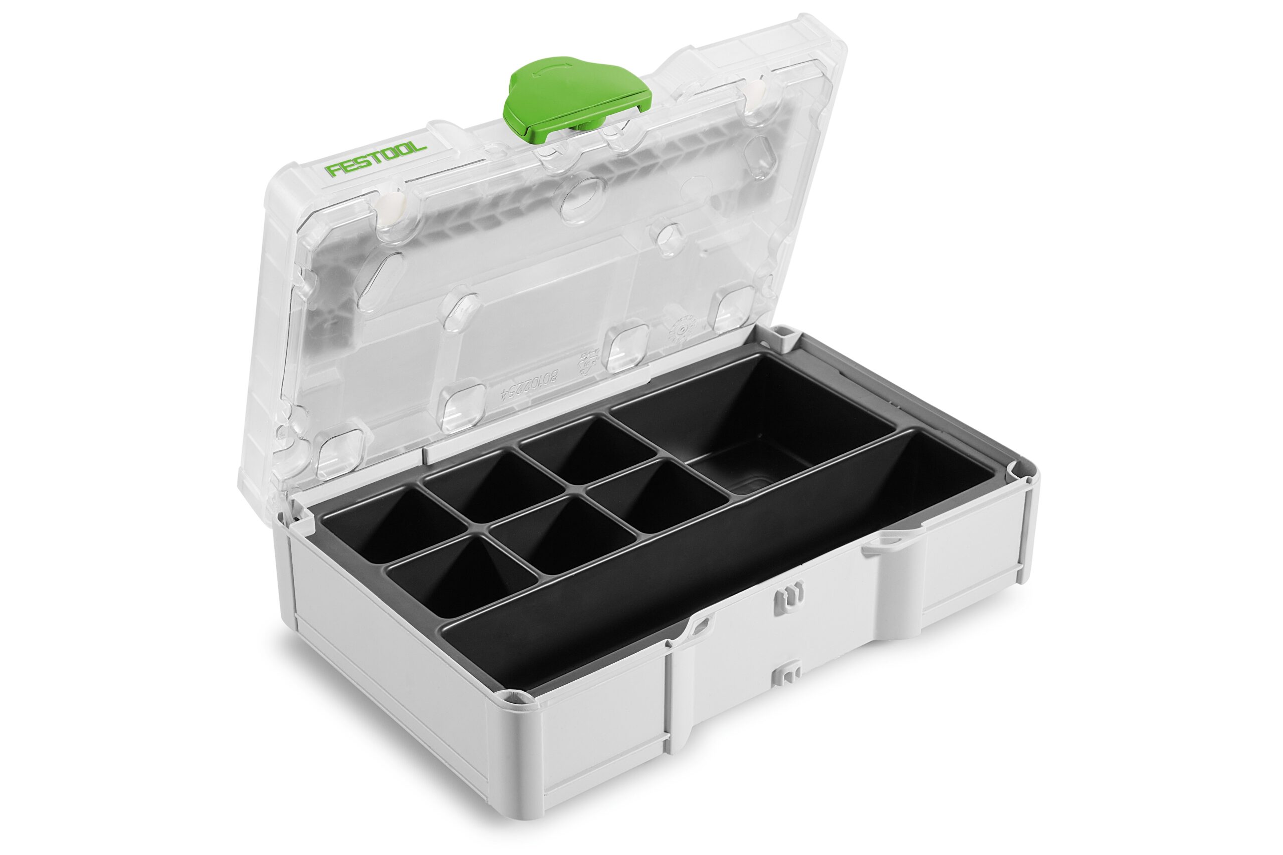 A gray plastic organizer box with a transparent lid, green latch, and black removable tray with multiple compartments, open and empty.