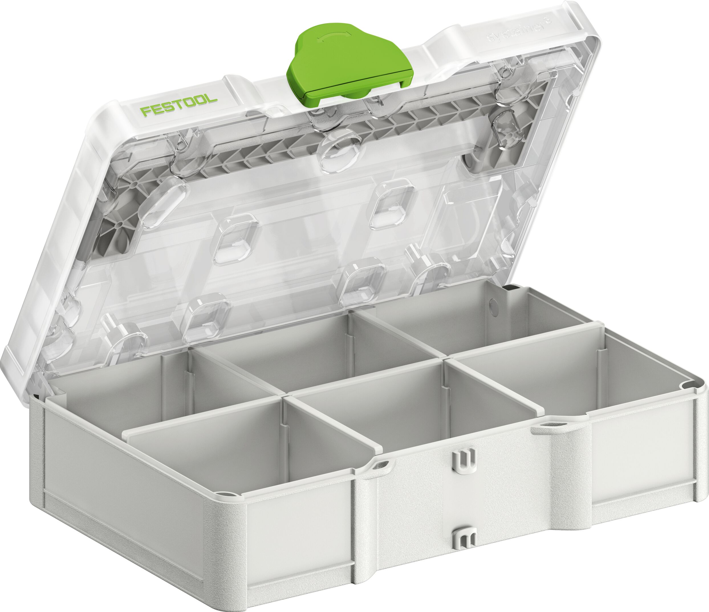 A plastic toolbox featuring a green handle.