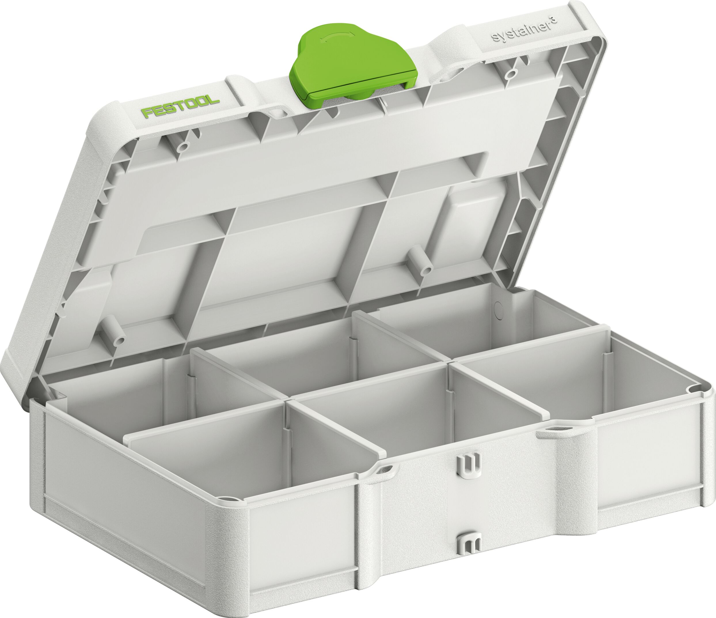 A white plastic organizer box with six compartments, an open hinged lid, and a green latch, for storing small tools or parts.