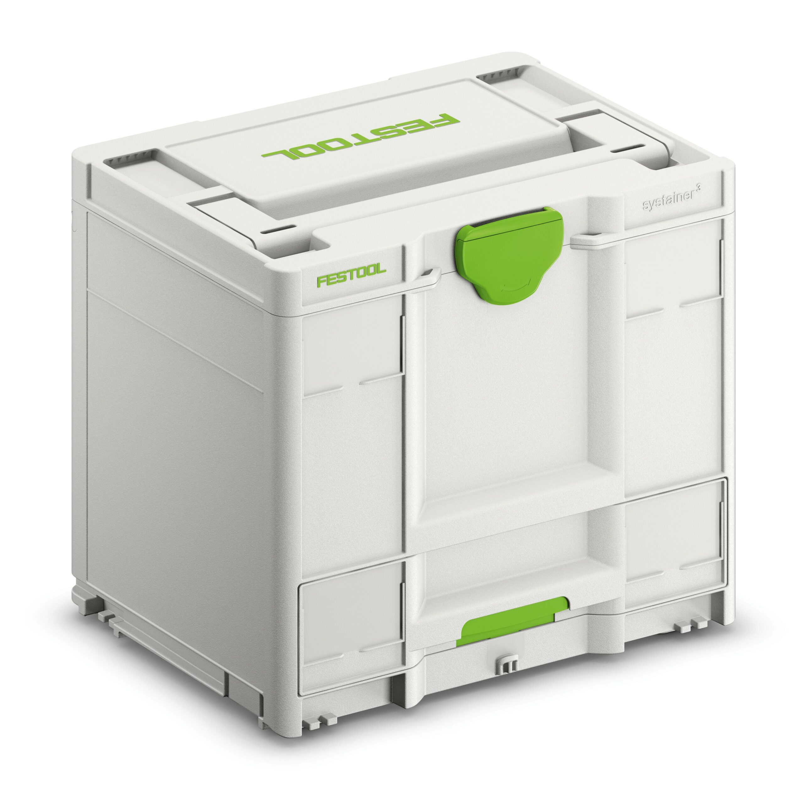 A white Festool storage container with green accents, front latch, and a top handle, designed for organizing and carrying tools.