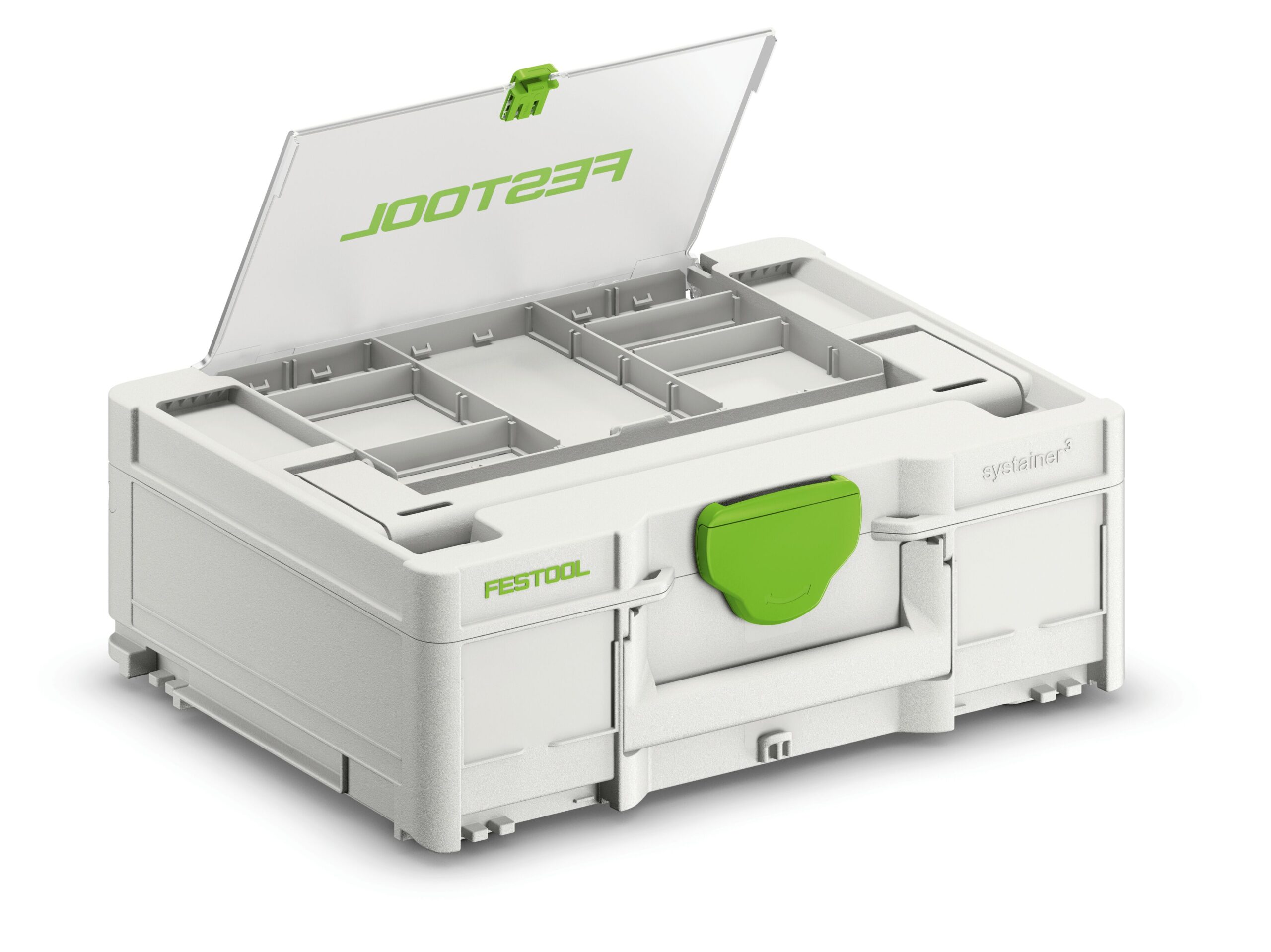 A white Festool storage box with a green latch and an open transparent lid, revealing adjustable compartments for organization.