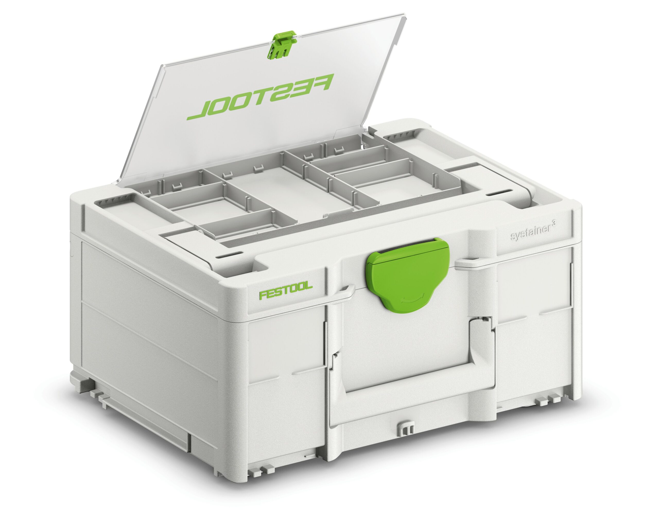 A white and gray Festool storage box with a green latch and handle, open transparent lid, and adjustable compartments inside.