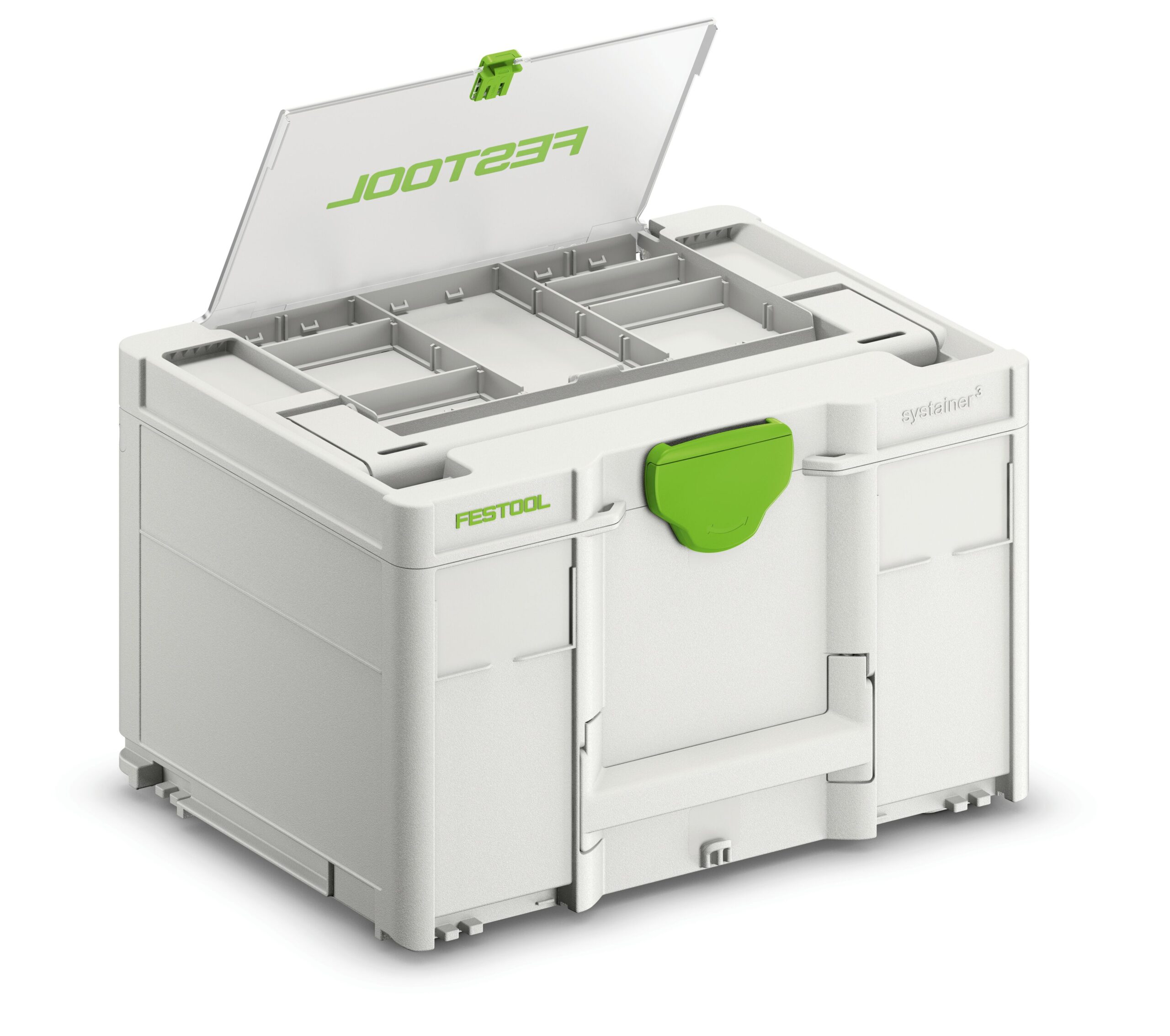 A white and green Festool storage box with a transparent lid is open, showing organized compartments and a central green latch in front.