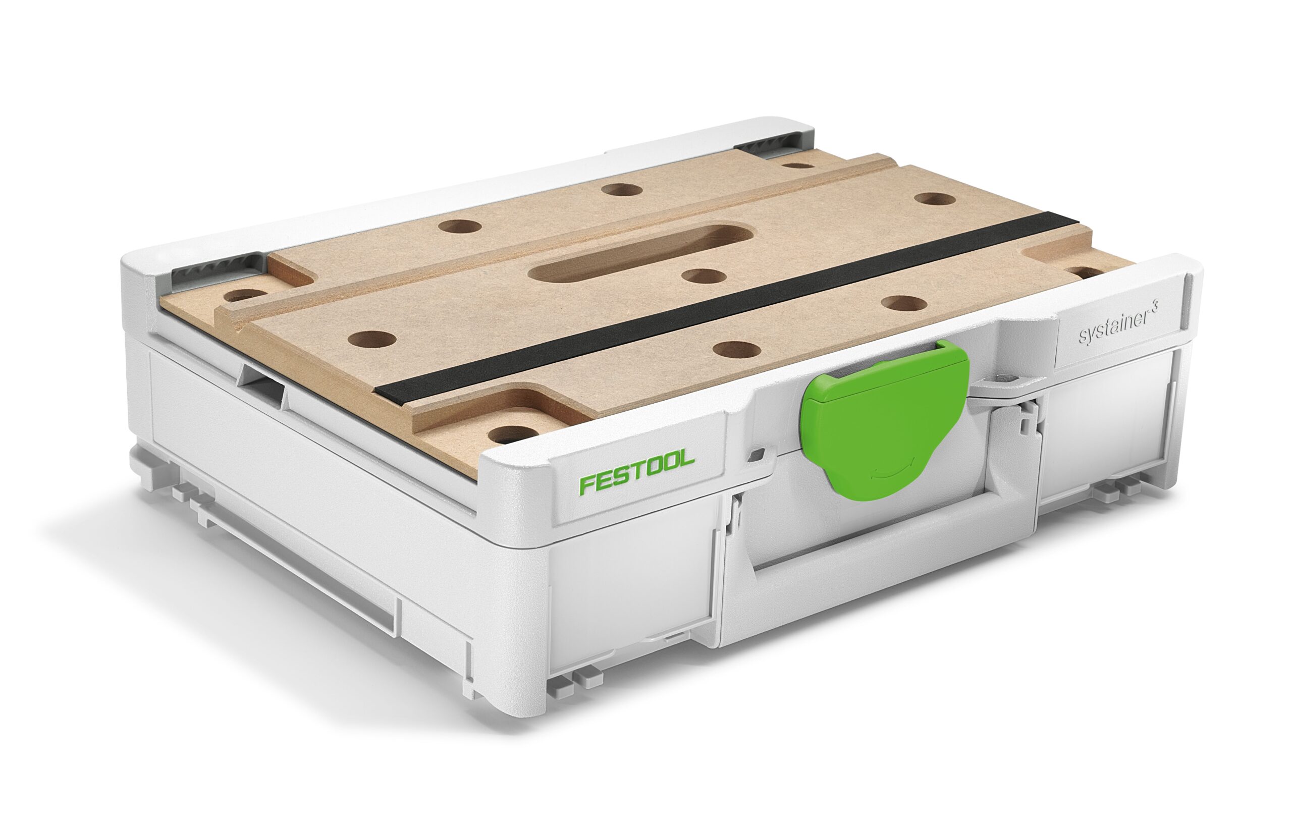 A white Festool Systainer storage box with a brown wooden top, black strips, central handhold cutout, and green latch on the front.