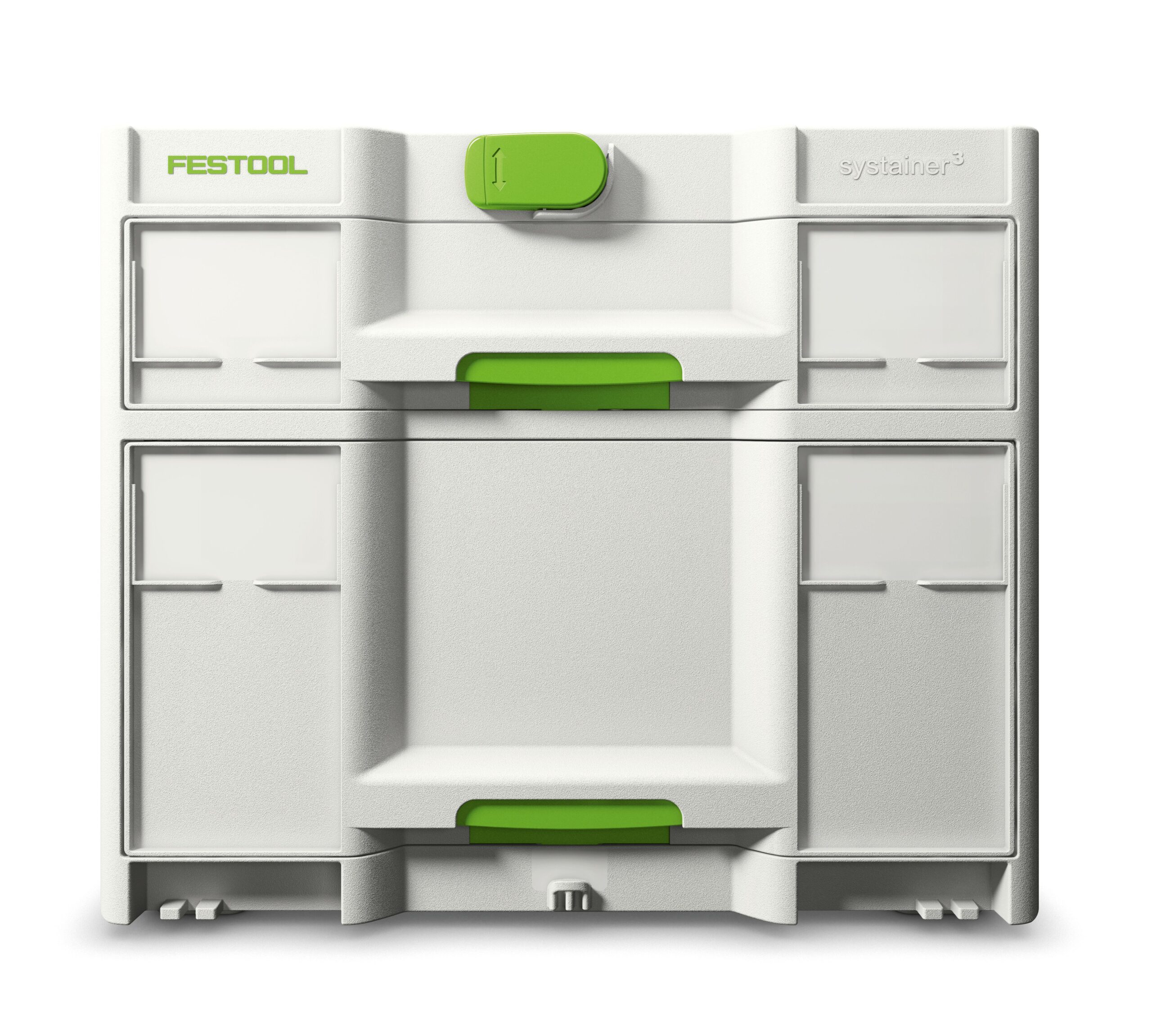 A white and green Festool Systainer storage box with multiple compartments and latches, viewed from the front on a white background.